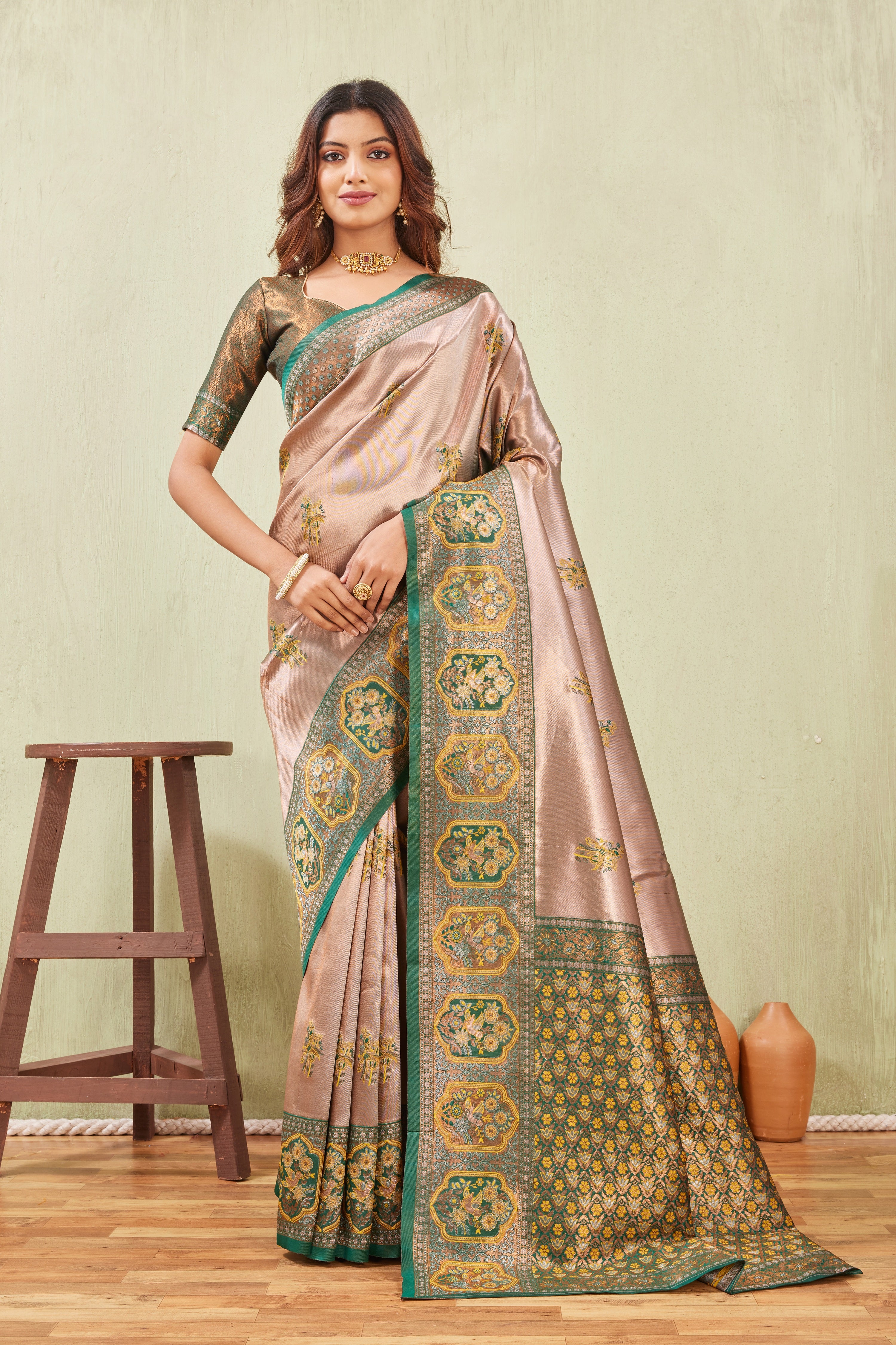 Green Gold Banarasi Silk Saree with Rich Pallu & Elegant Jacquard Jari Work