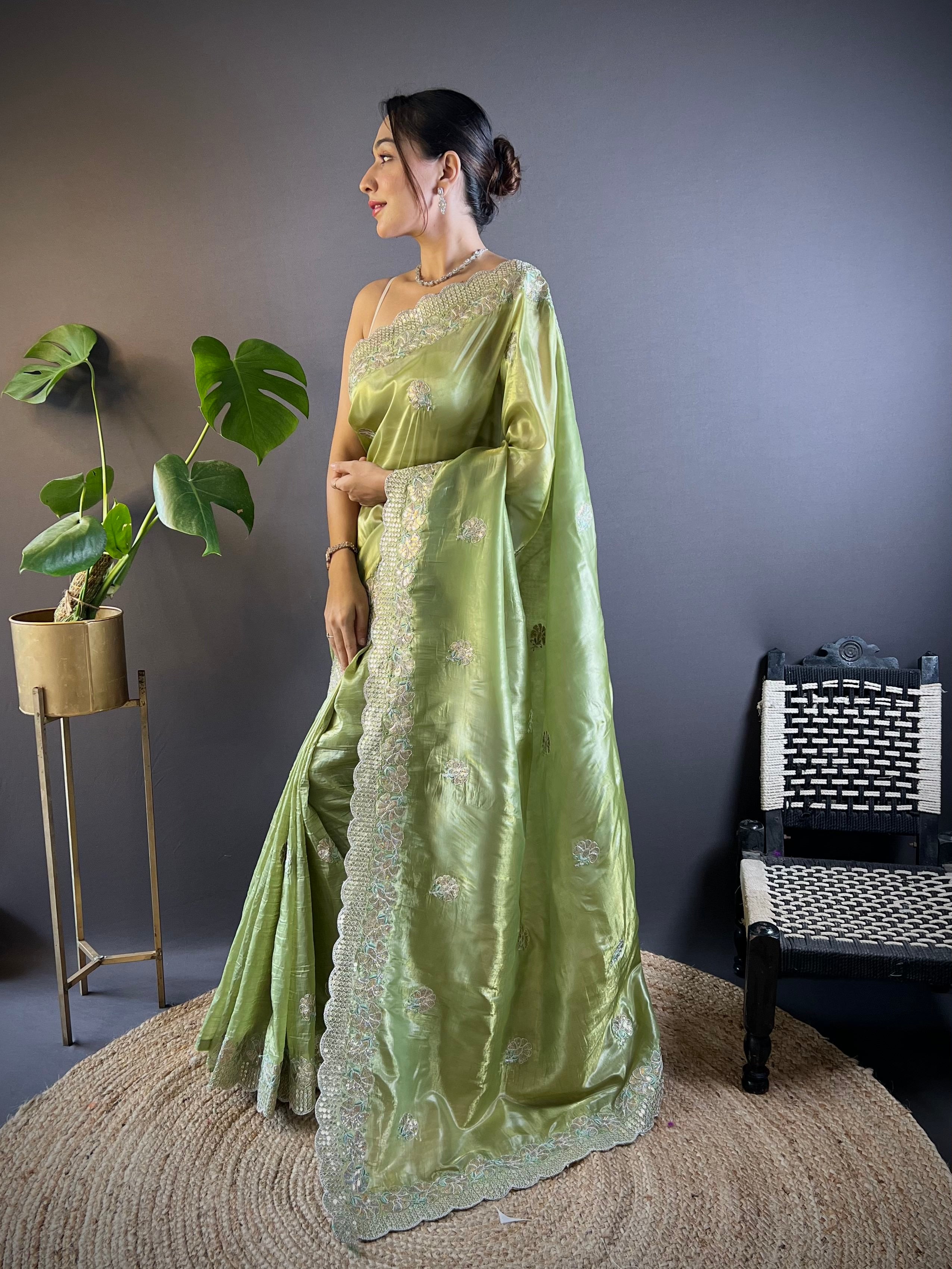 Green Gold Crunchy Saree With Sequins Embroidery And Cut Work