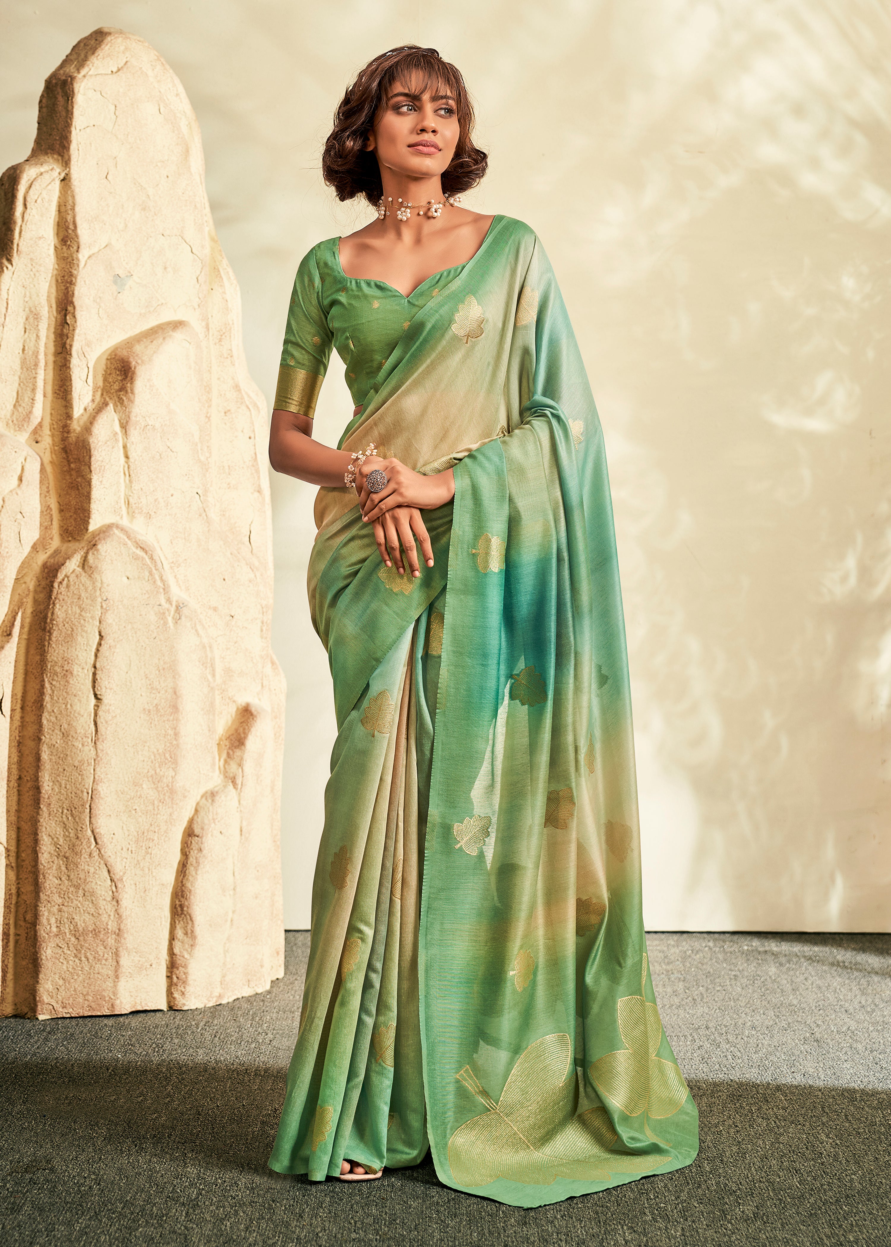 Green Handloom Khadi Saree With Jacquard Woven With Digital Print