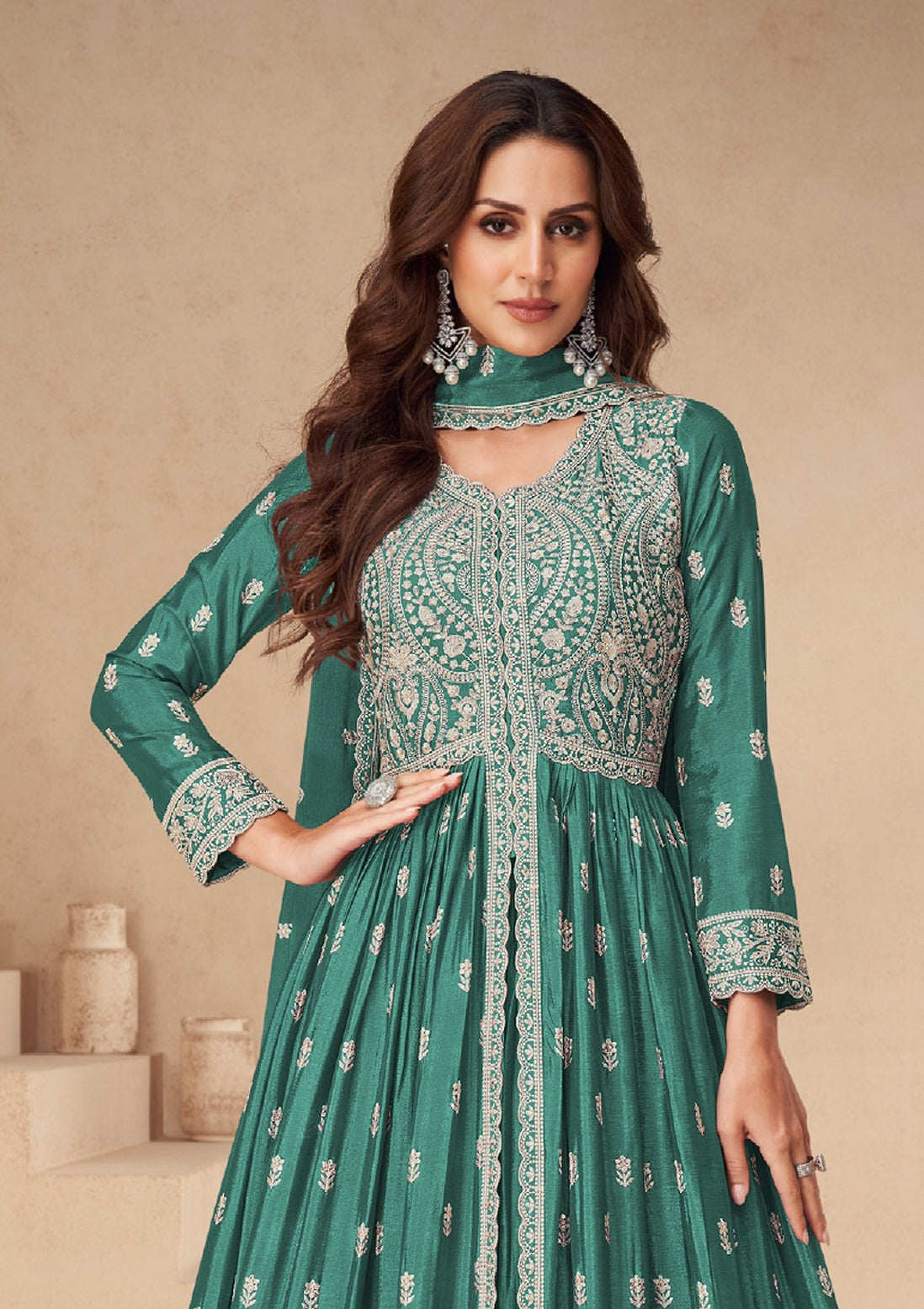 Green Heavy Designer Suit With Heavy Embroidery Work