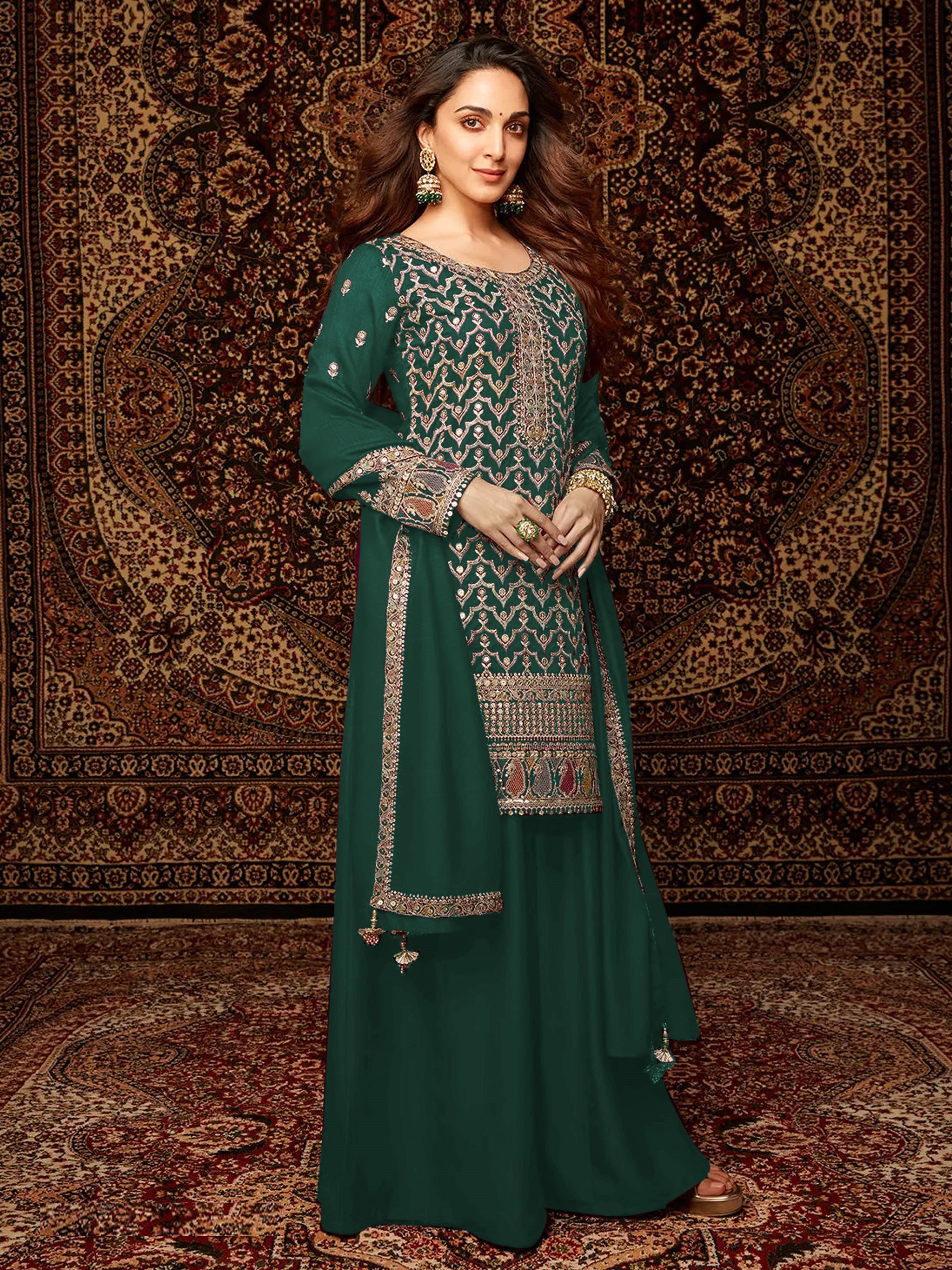 Green Heavy Designer Suit With Heavy Embroidery Work