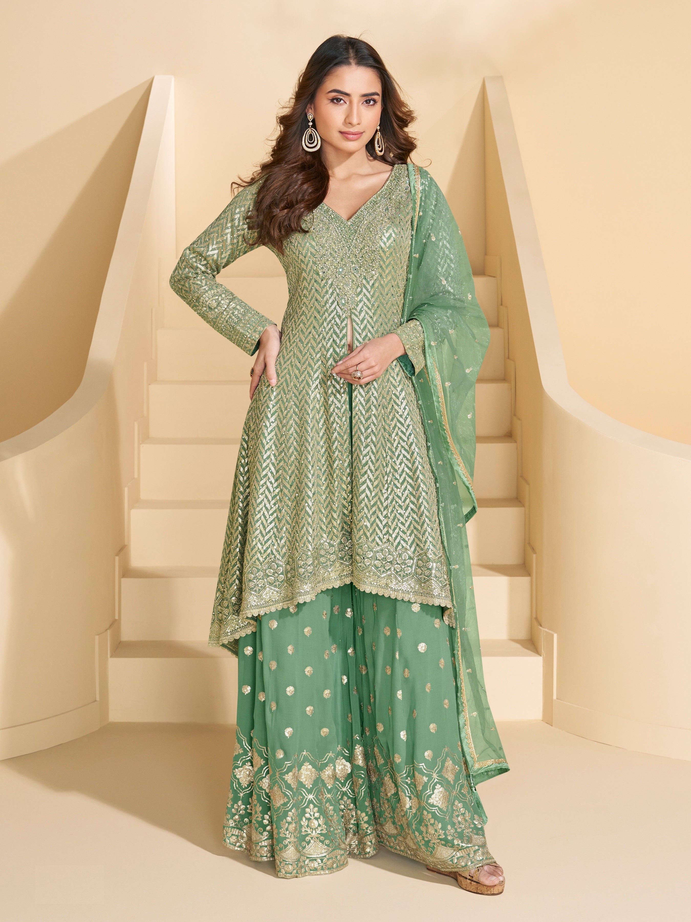 Green Heavy Designer Suit With Heavy Embroidery Work