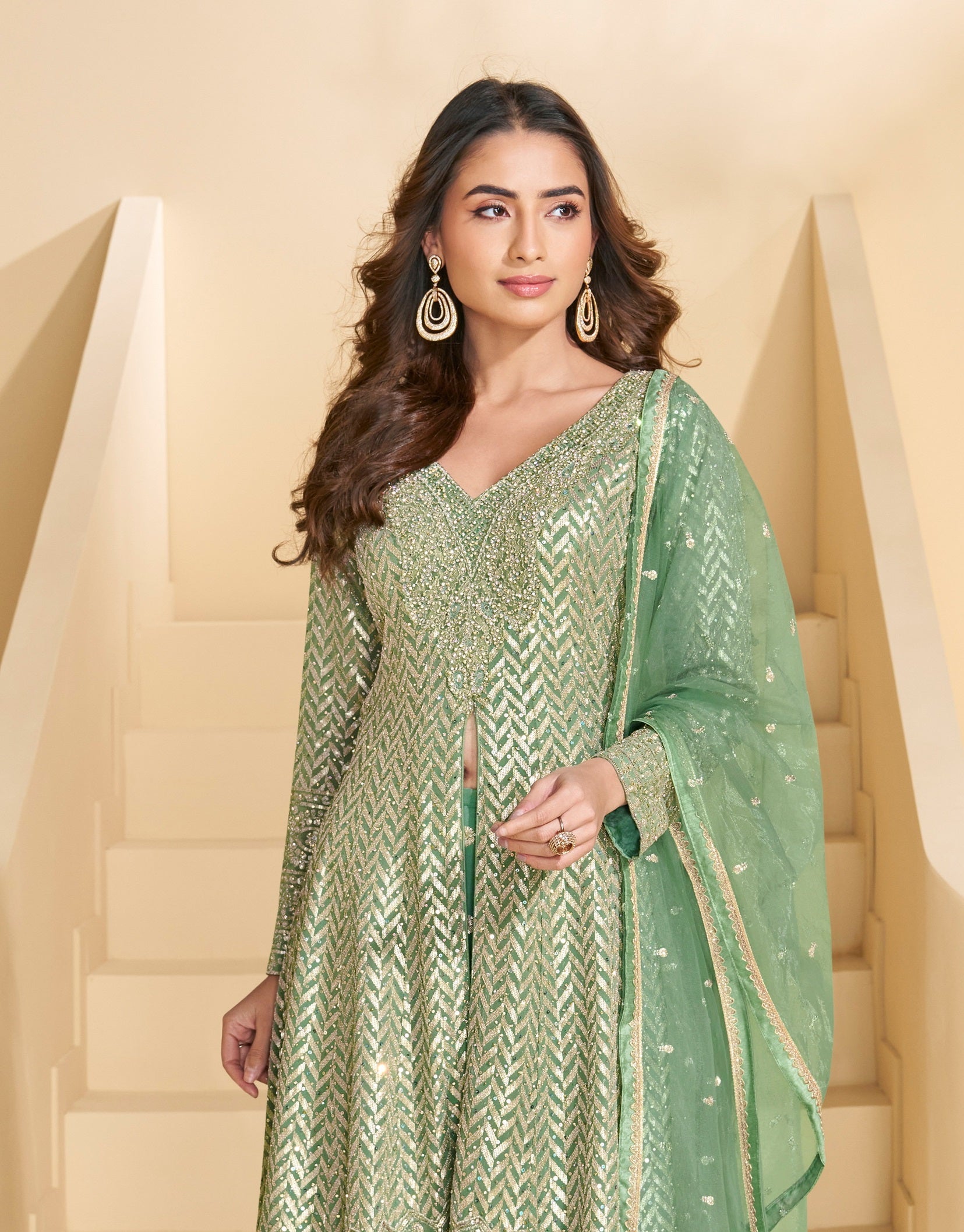 Green Heavy Designer Suit With Heavy Embroidery Work