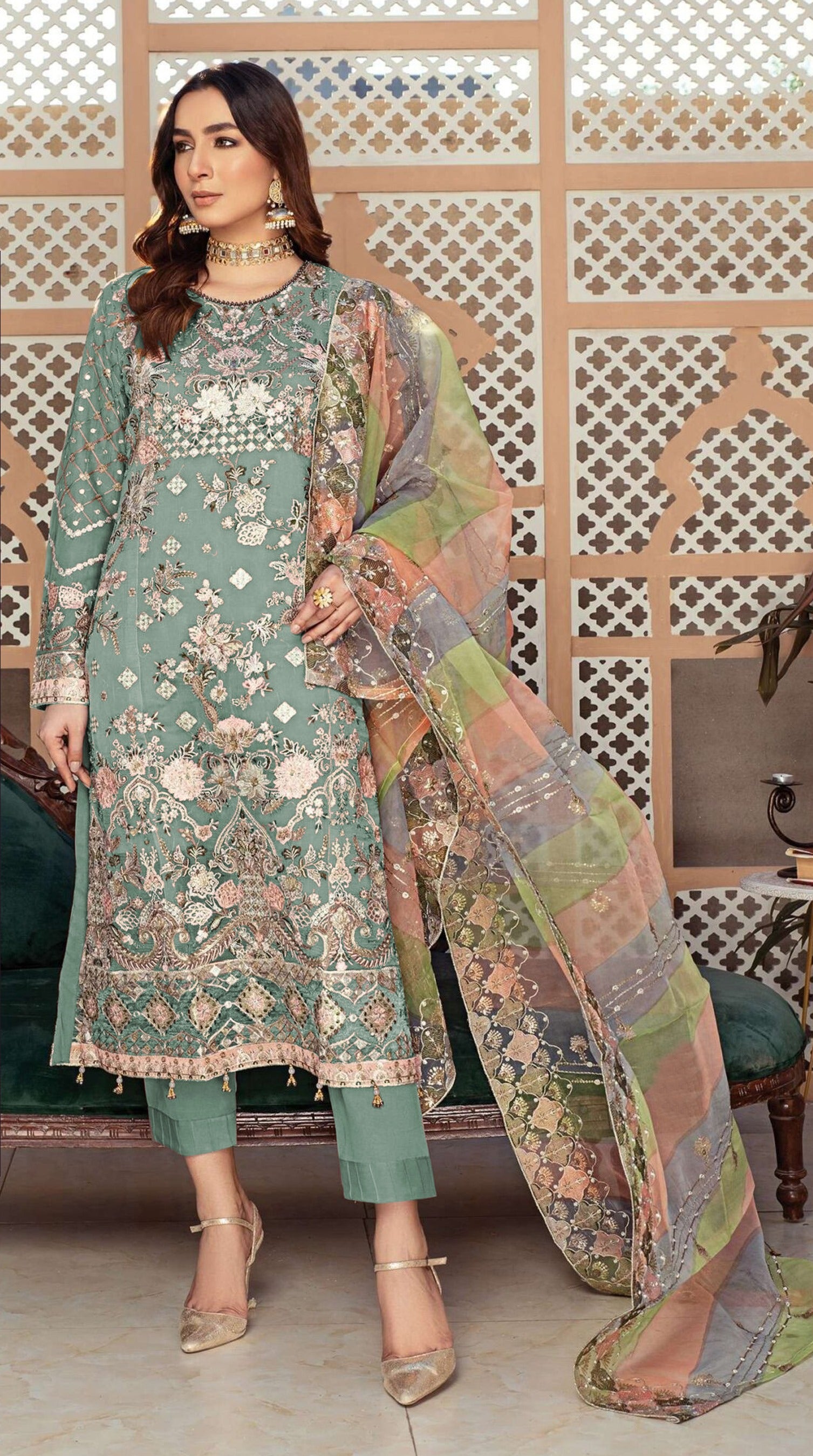 Green Heavy Designer Suit With Heavy Embroidery Work