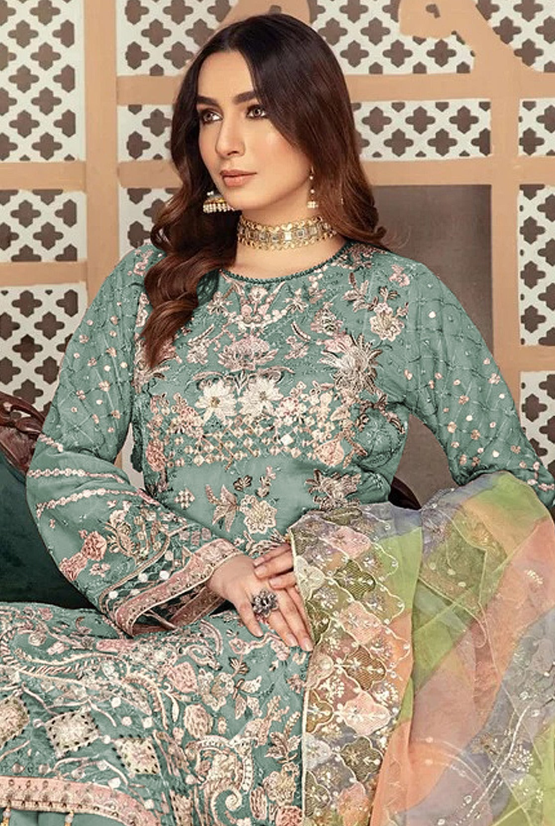 Green Heavy Designer Suit With Heavy Embroidery Work