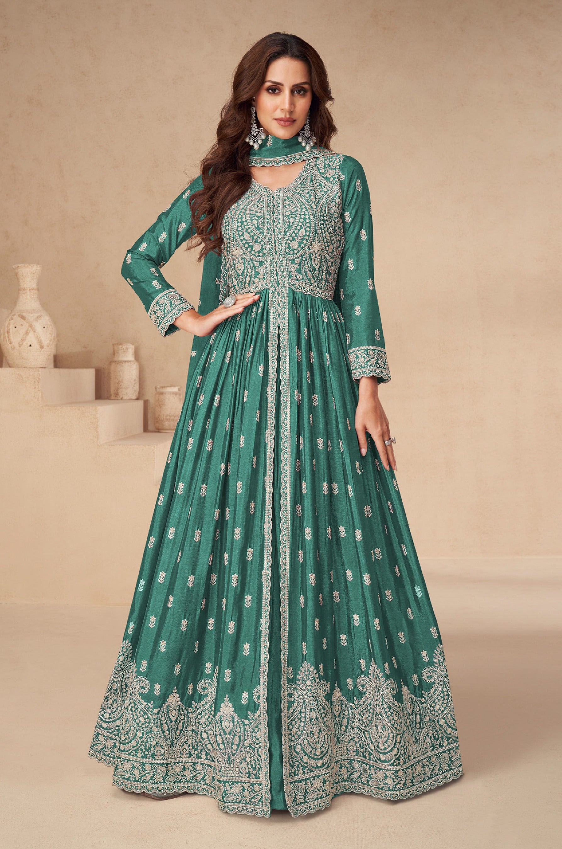 Green Heavy Designer Suit With Heavy Embroidery Work