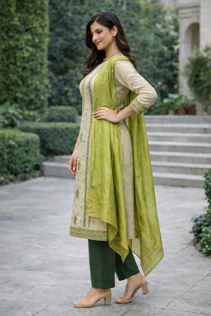 Green Jacquard Silk Designer Suit Set With Rich Woven Patterns