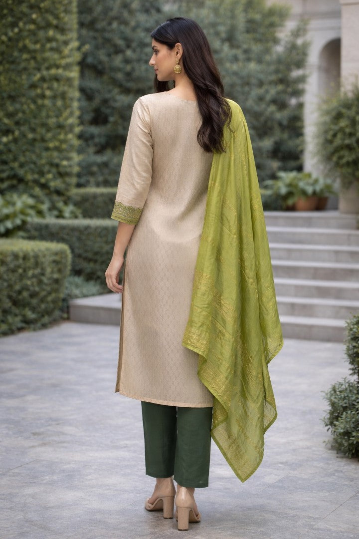 Green Jacquard Silk Designer Suit Set With Rich Woven Patterns