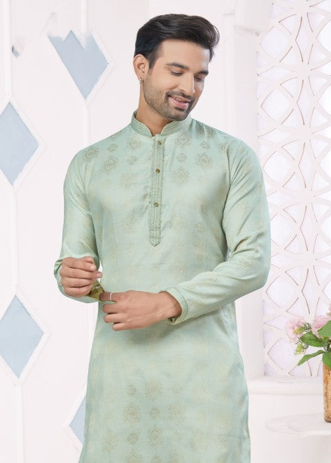 Green Jacquard Silk Pintex Jacquard Ethnic Festive Kurta Pajama