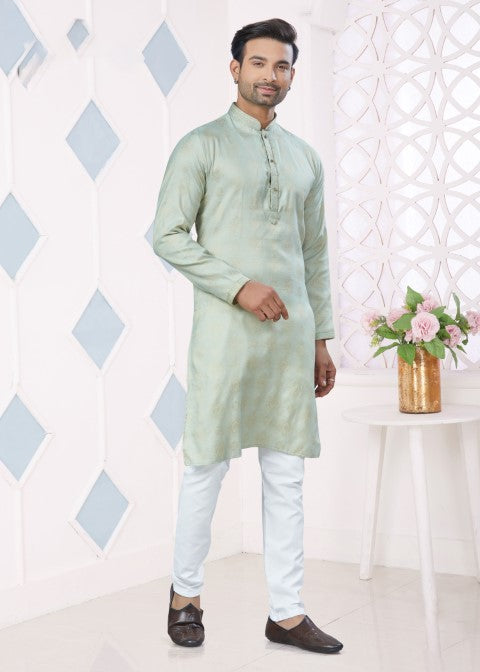 Green Jacquard Silk Pintex Jacquard Ethnic Festive Kurta Pajama