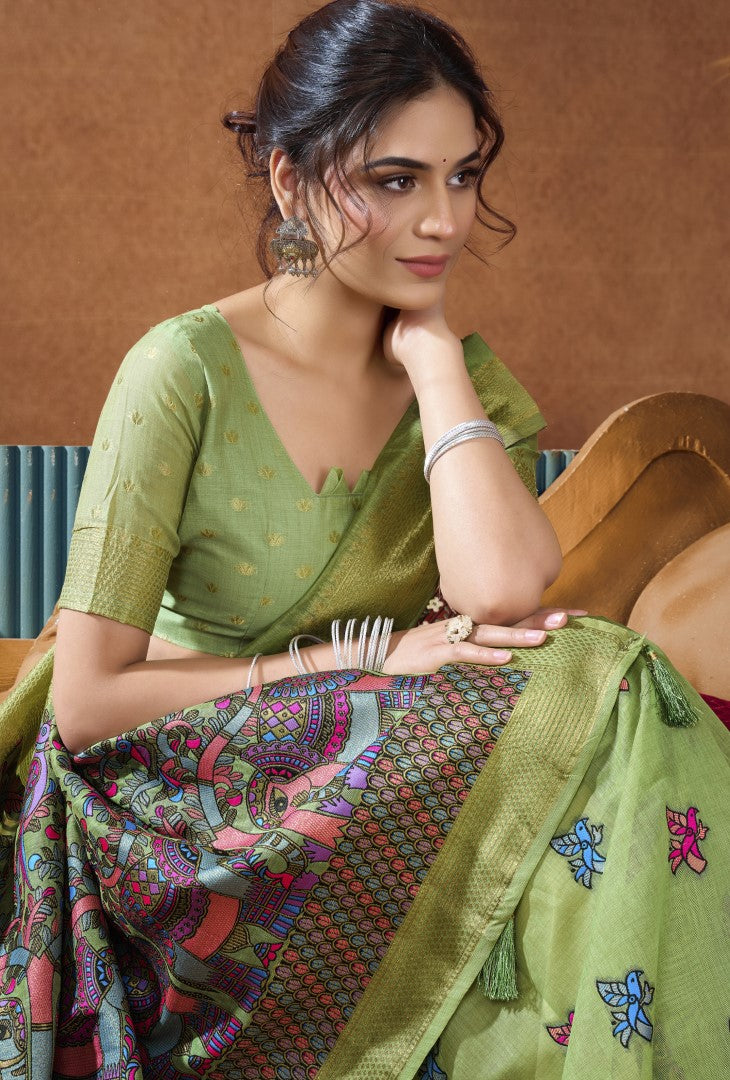 Green Katha Modal Saree with Rich Mina Work & Fancy Pom Pom