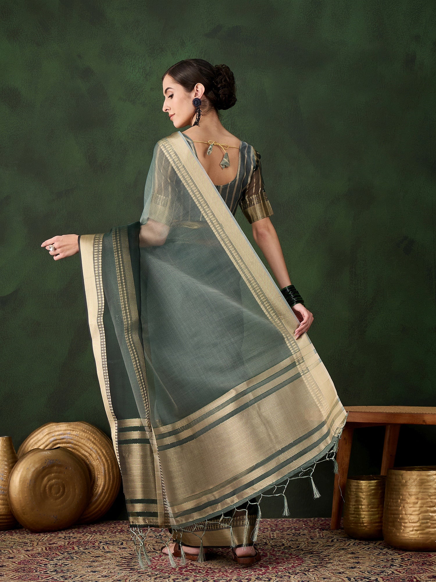 Green Khadi Organza Fabric Beautiful Woven Jacquard Designer Saree