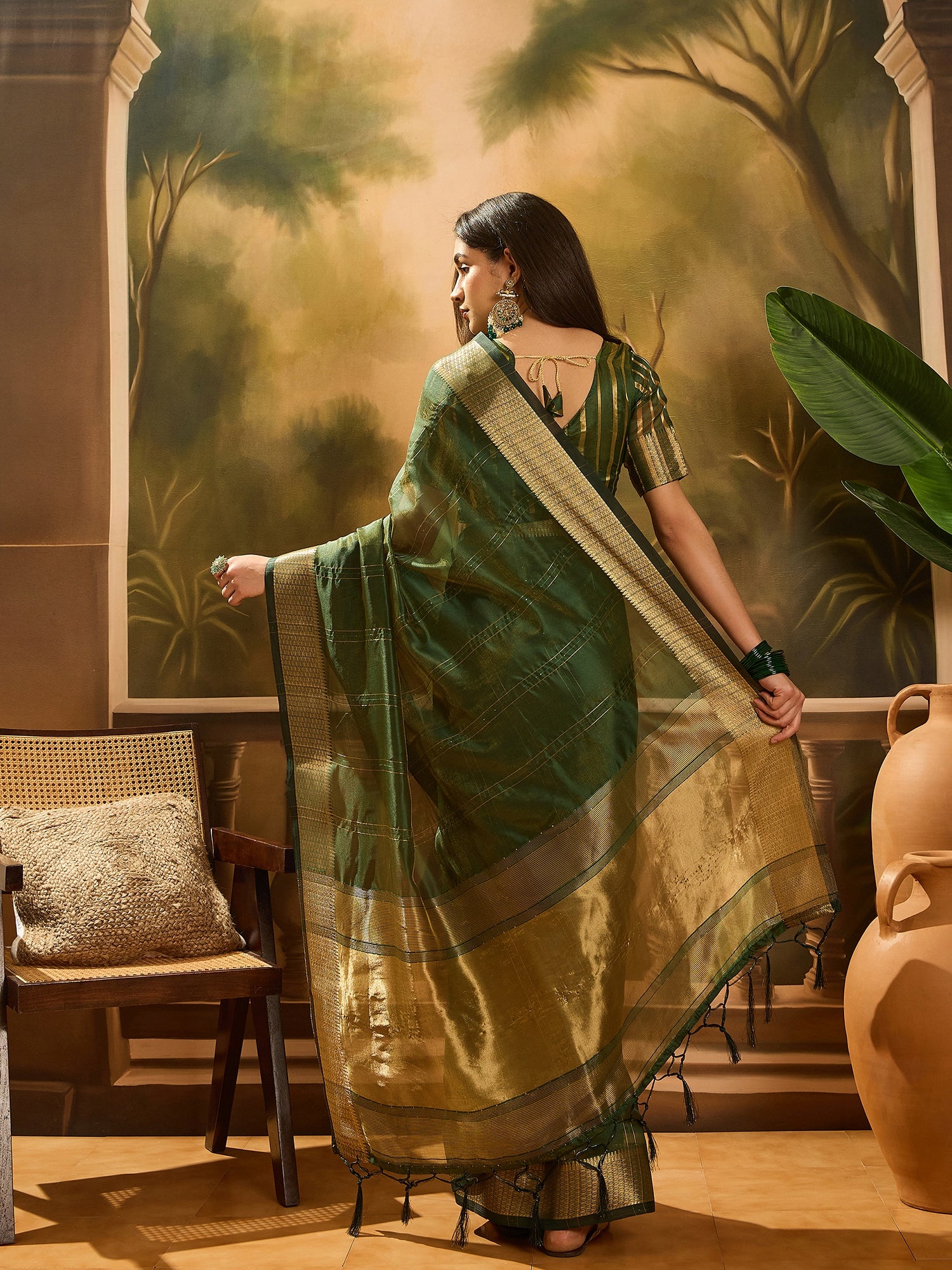 Green Khadi Organza Woven Jacquard Designer Ethnic Partywear Saree