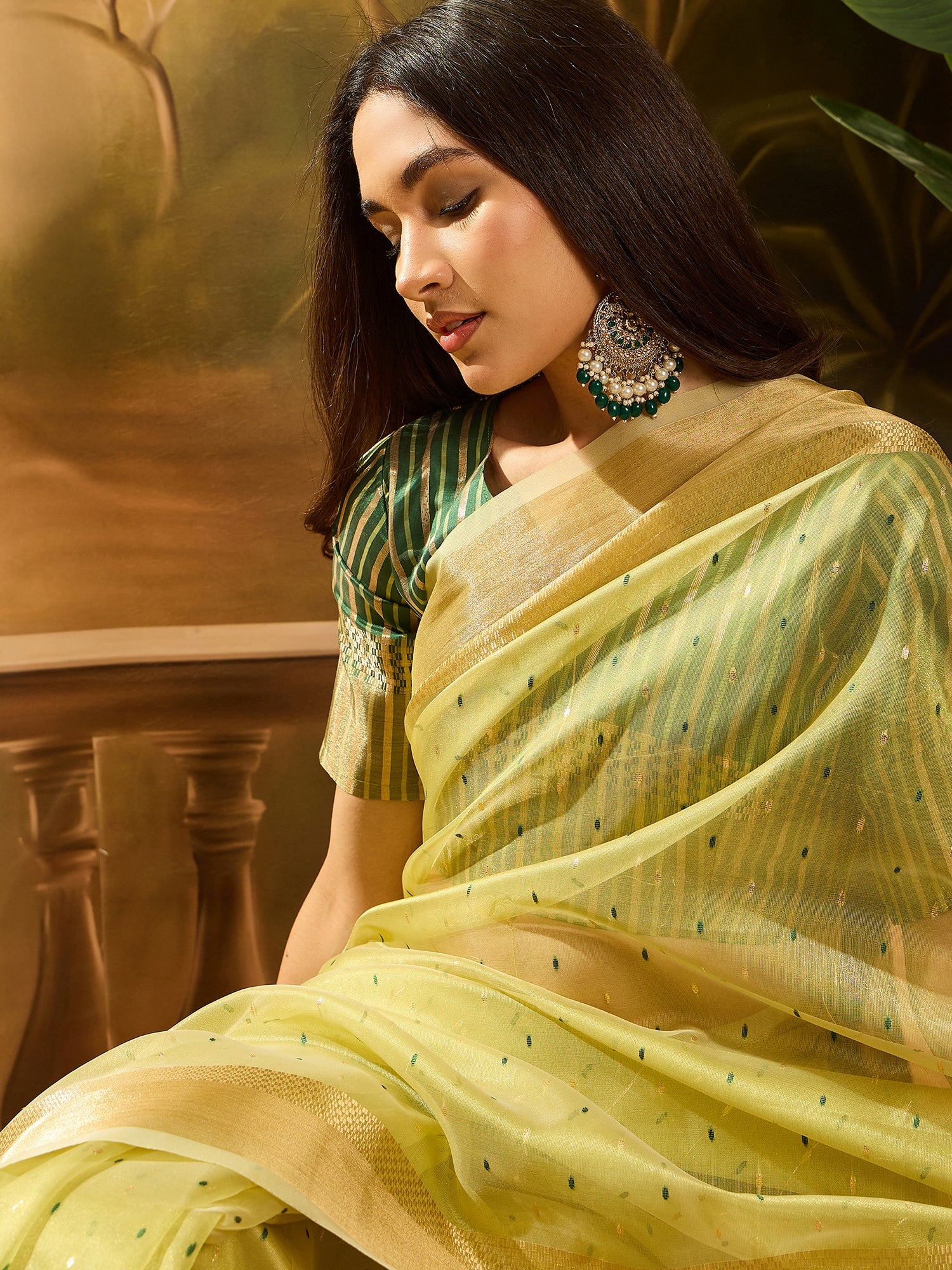 Green Khadi Organza Woven Jacquard Designer Ethnic Partywear Saree
