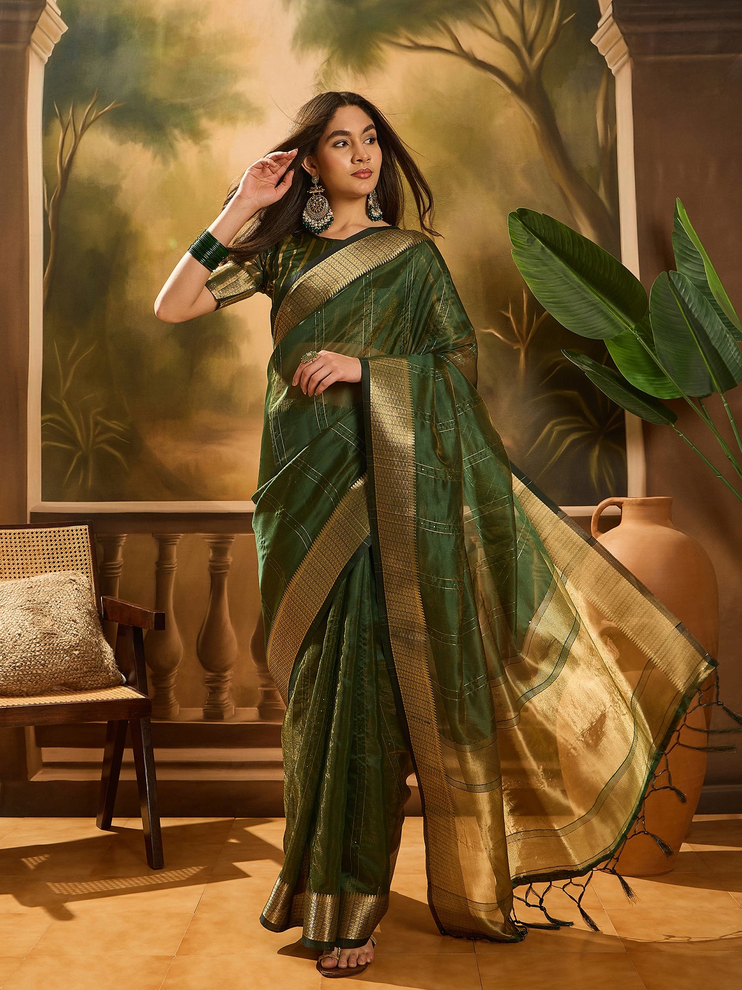 Green Khadi Organza Woven Jacquard Designer Ethnic Partywear Saree