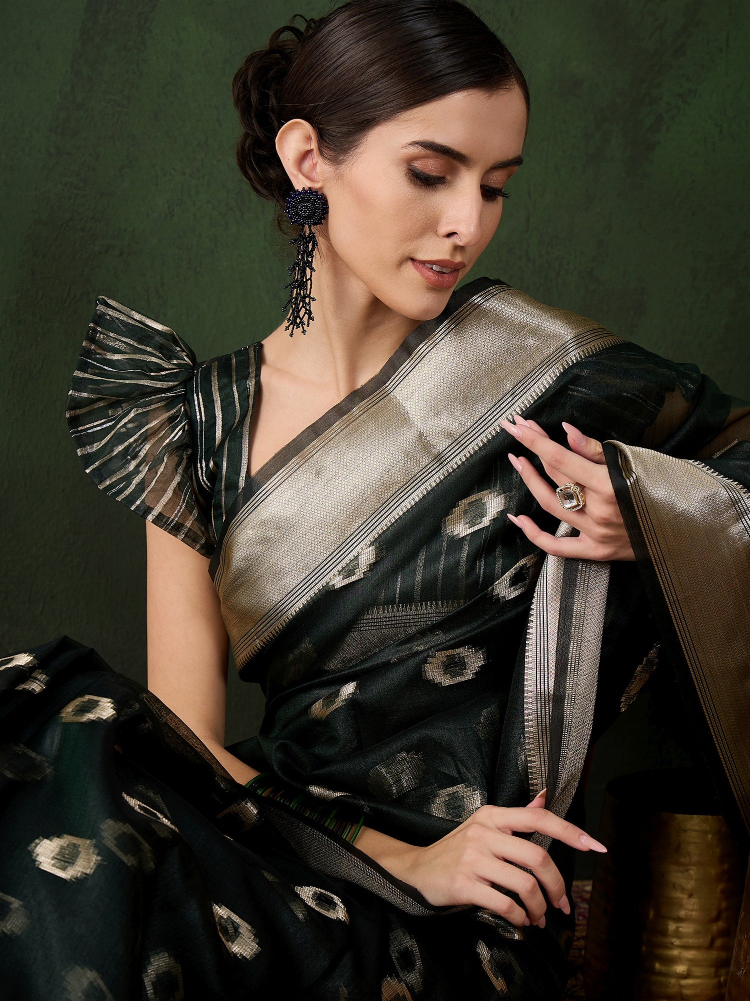 Green Khadi Organza Woven Jacquard Designer Graceful Traditional Saree