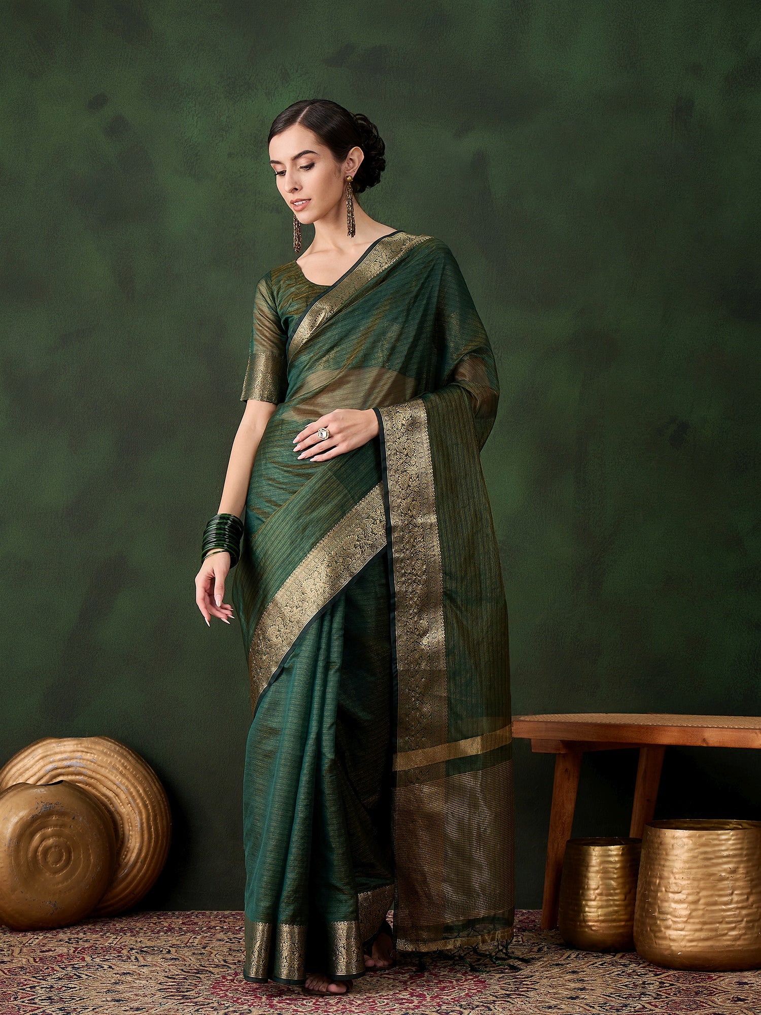 Green Khadi Organza Woven Jacquard Designer Traditional Festive Wear Saree