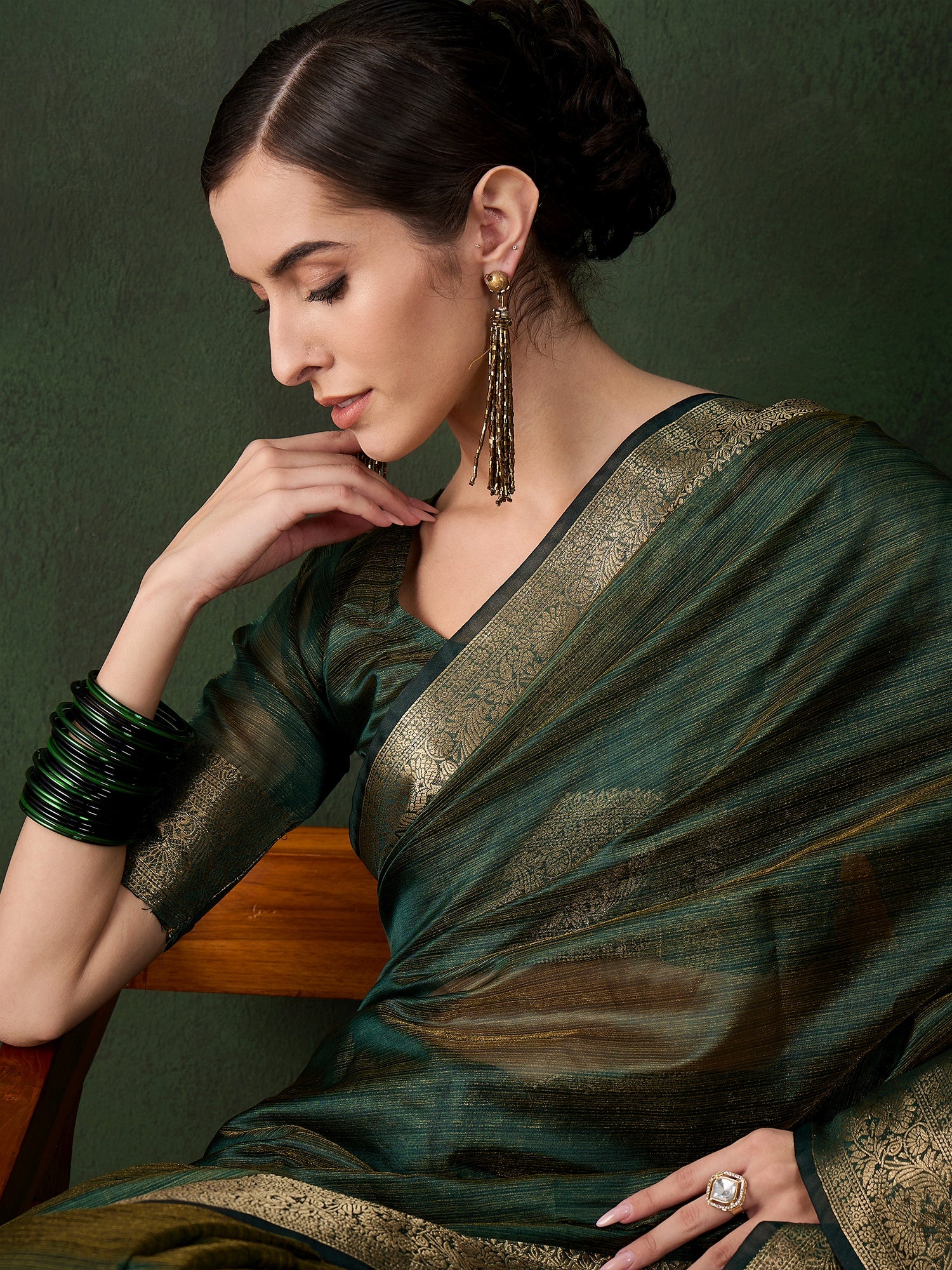 Green Khadi Organza Woven Jacquard Designer Traditional Festive Wear Saree