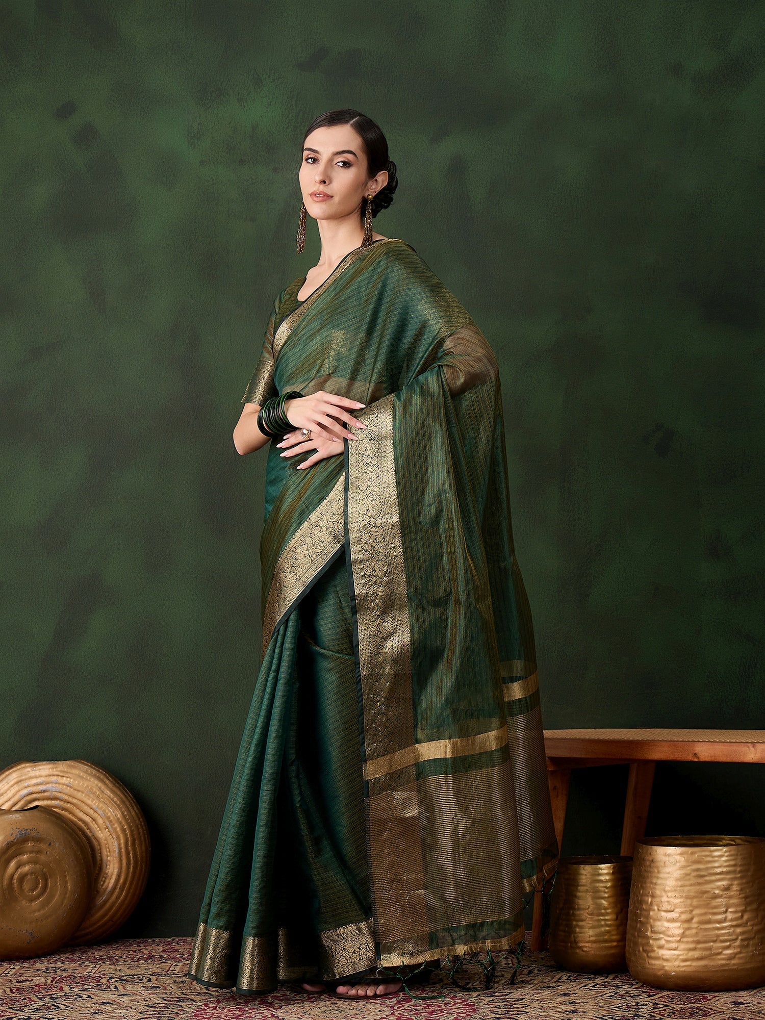 Green Khadi Organza Woven Jacquard Designer Traditional Festive Wear Saree