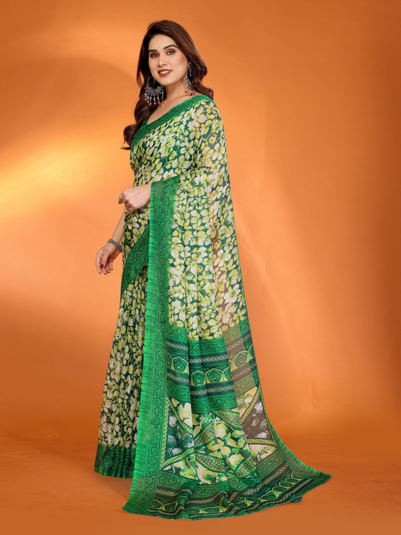 Green Kota Doriya Saree With Traditional Printed Design
