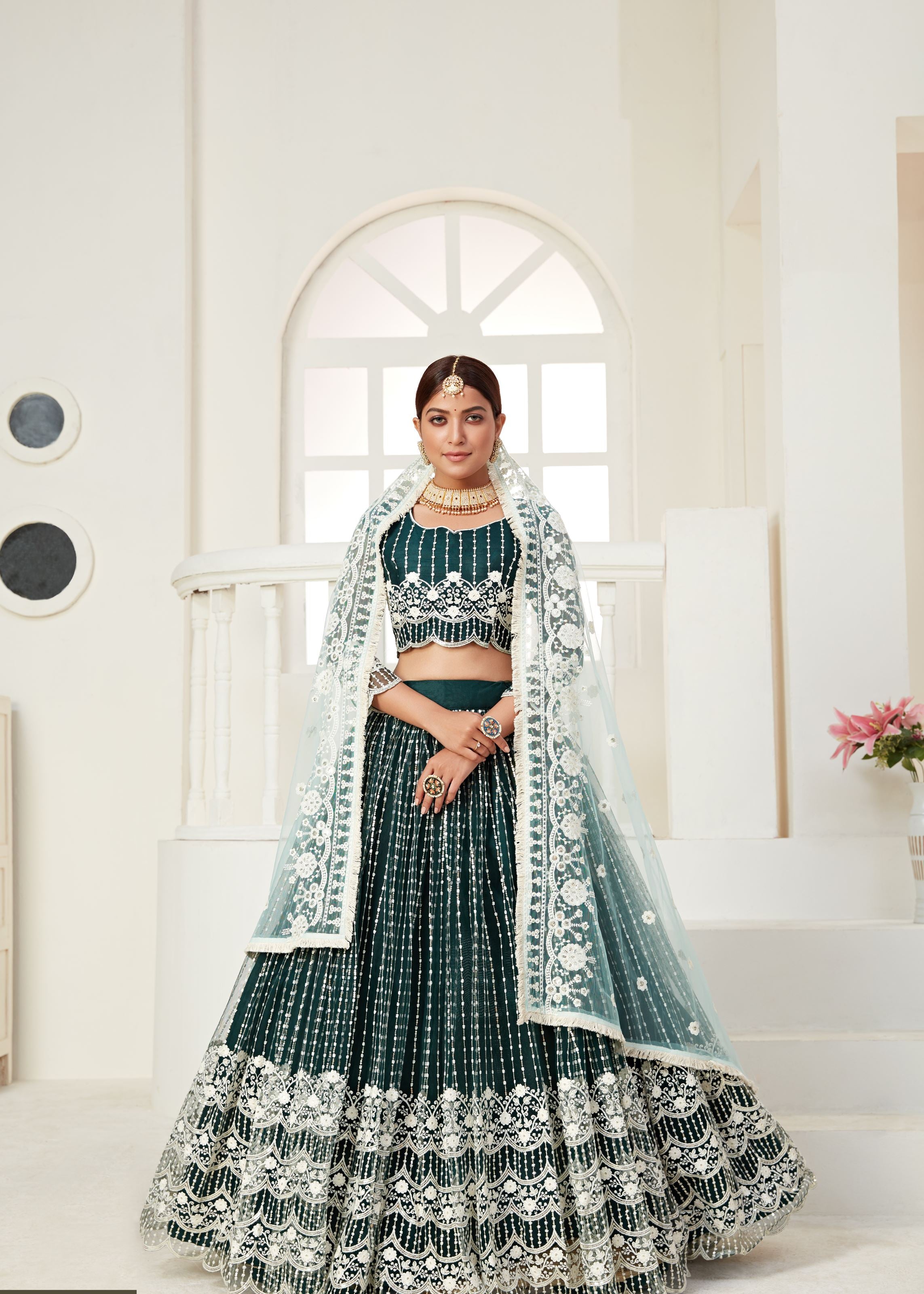Green Lehenga Choli And Dupatta With Multi Net And Sequence Embroidered Thread Work