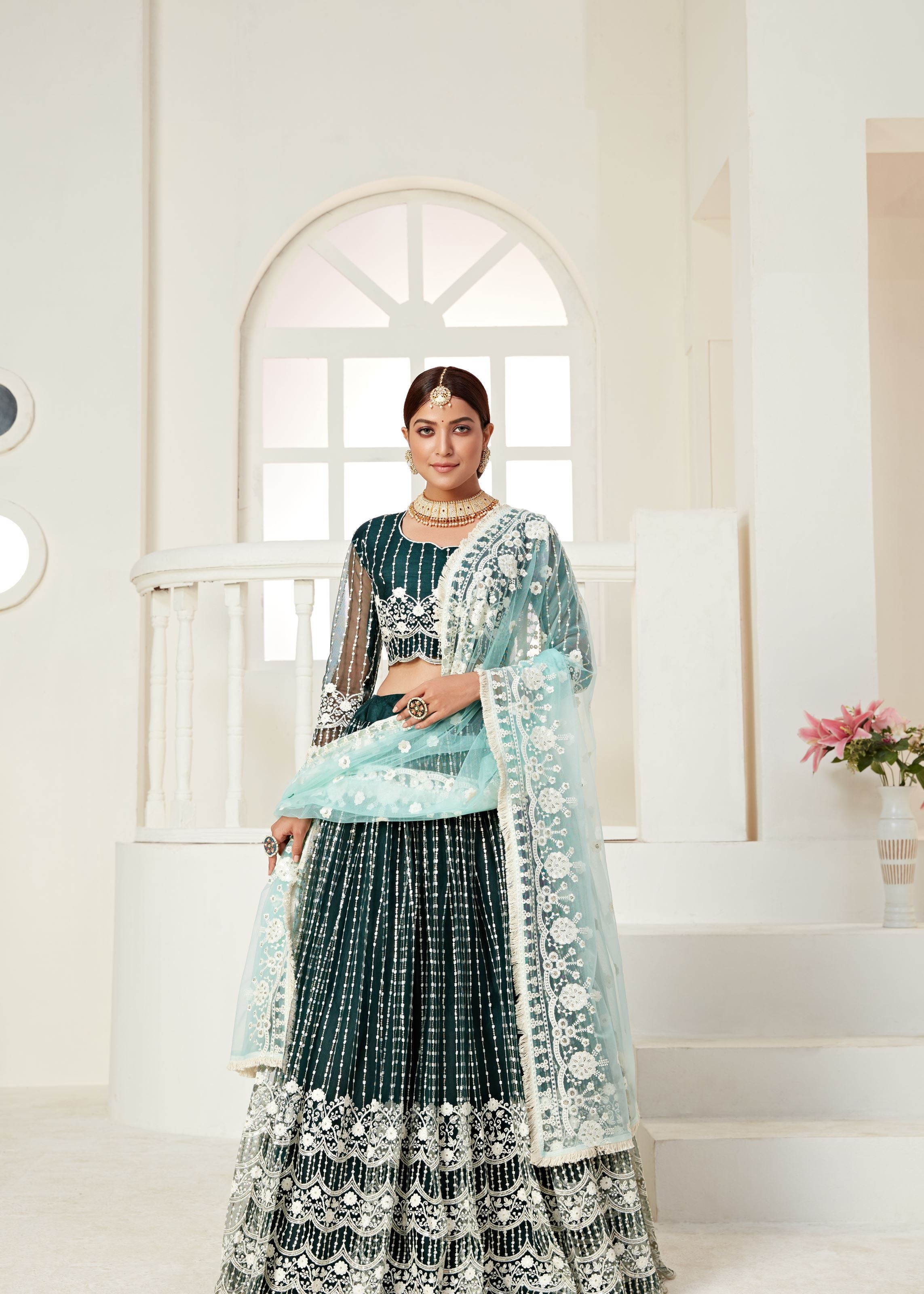 Green Lehenga Choli And Dupatta With Multi Net And Sequence Embroidered Thread Work