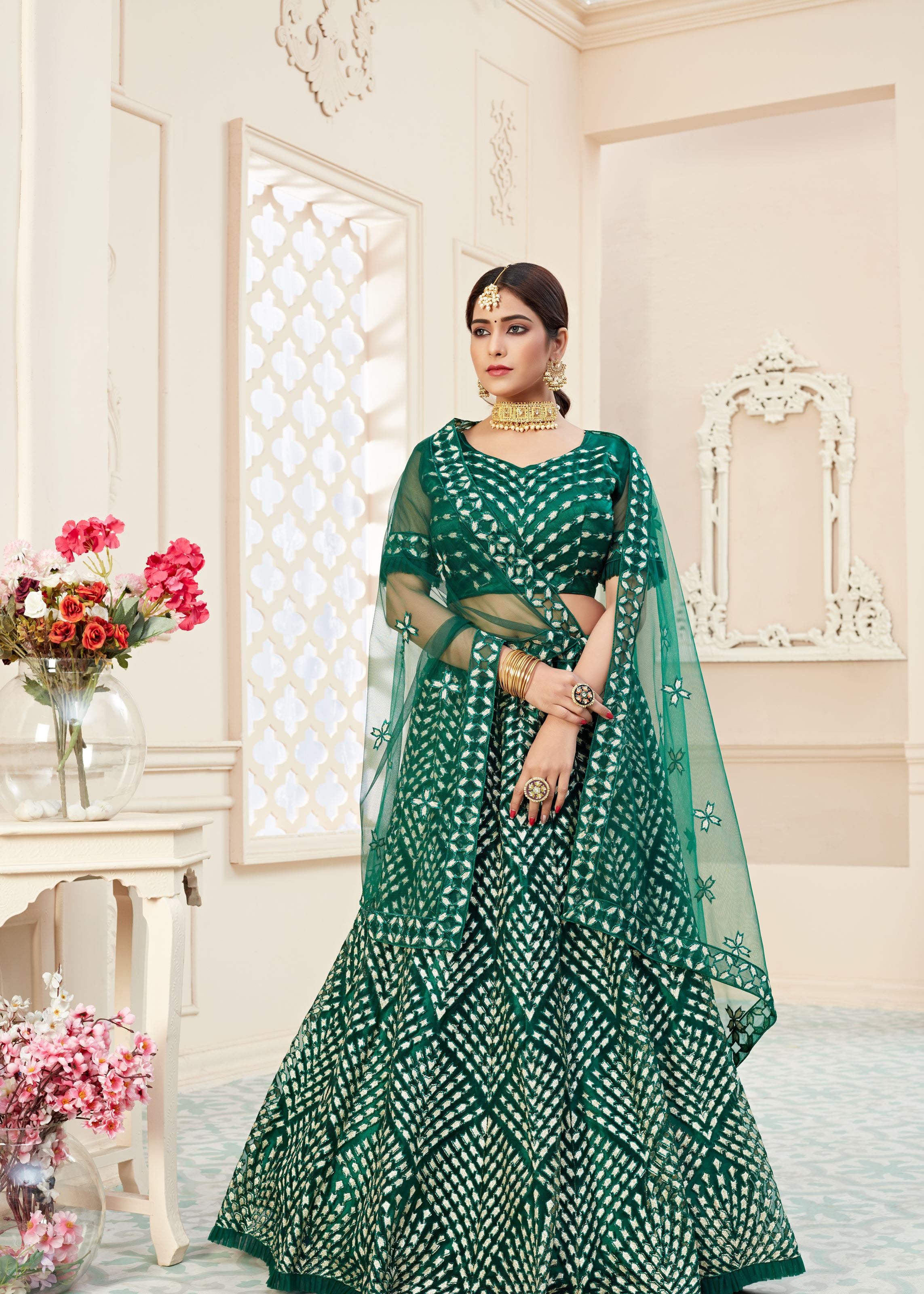 Green Lehenga Choli With Badla Thread Embroidered Work