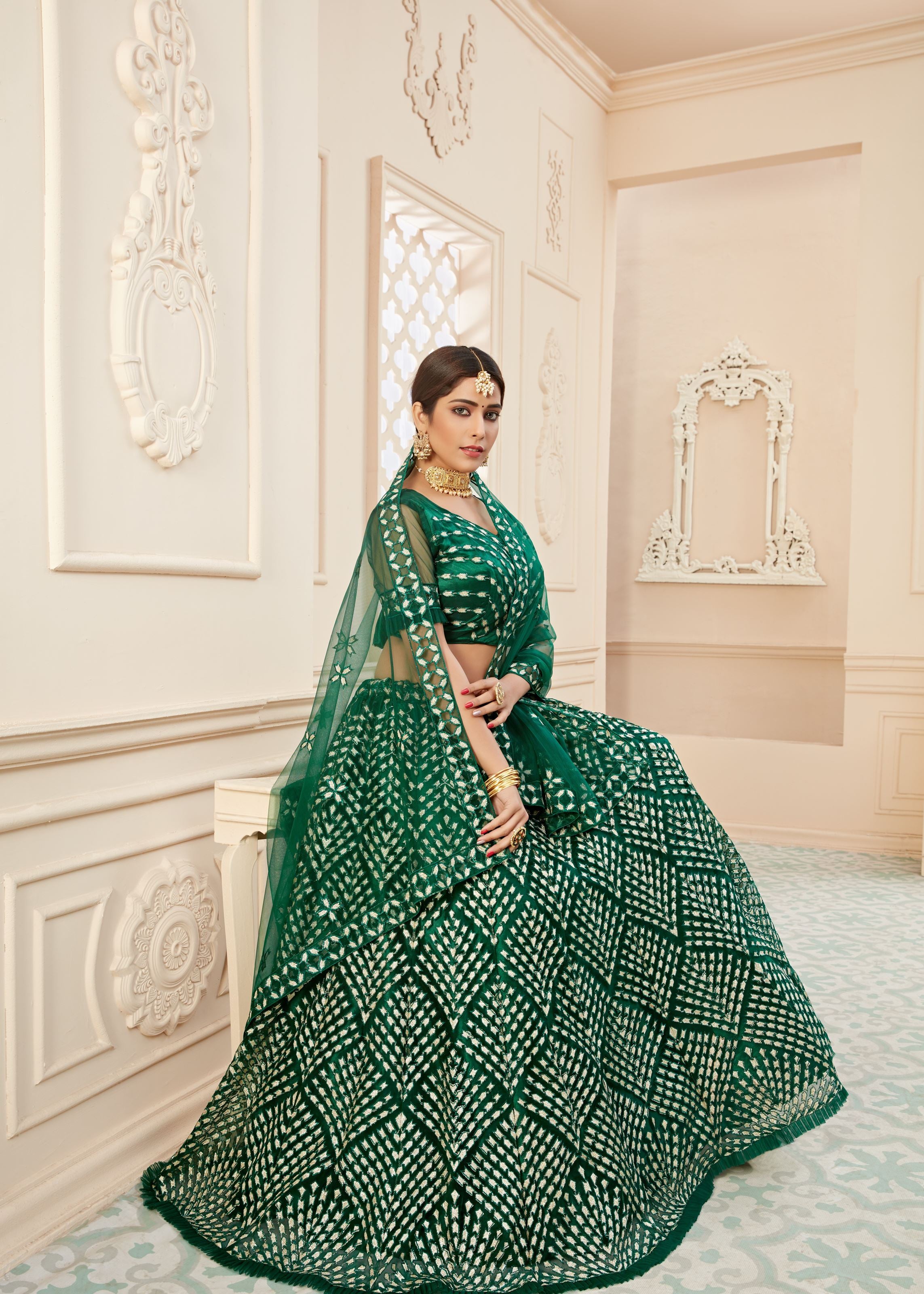 Green Lehenga Choli With Badla Thread Embroidered Work