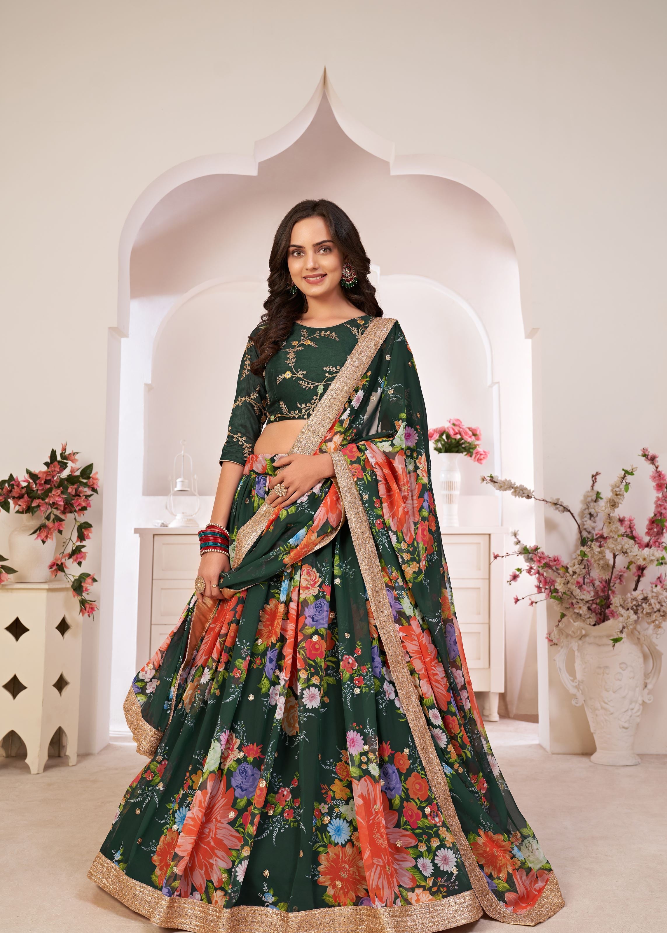 Green Lehenga Choli With Digital Floral Print And Embroidered Work With Jari Sequins Dori Work