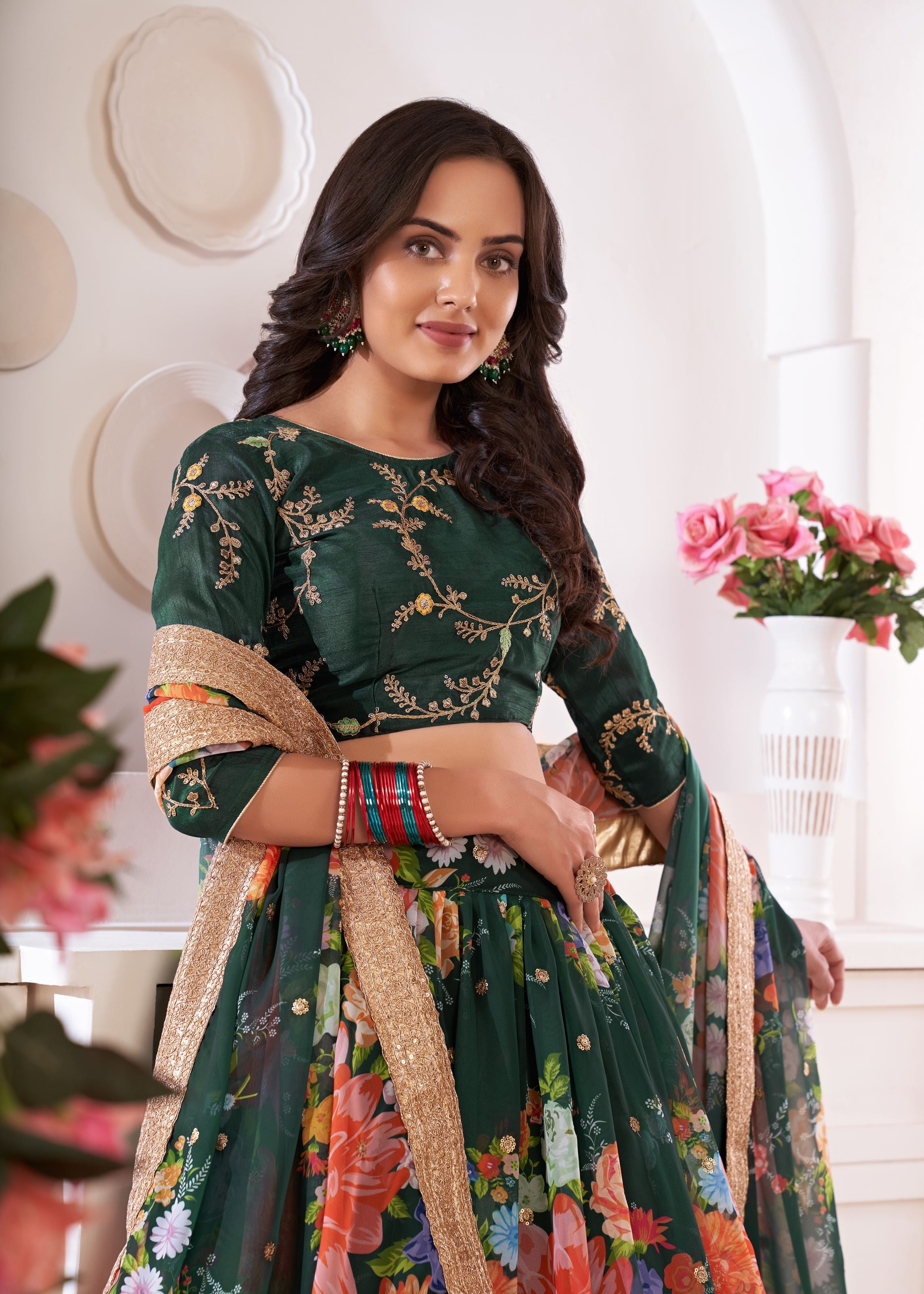 Green Lehenga Choli With Digital Floral Print And Embroidered Work With Jari Sequins Dori Work