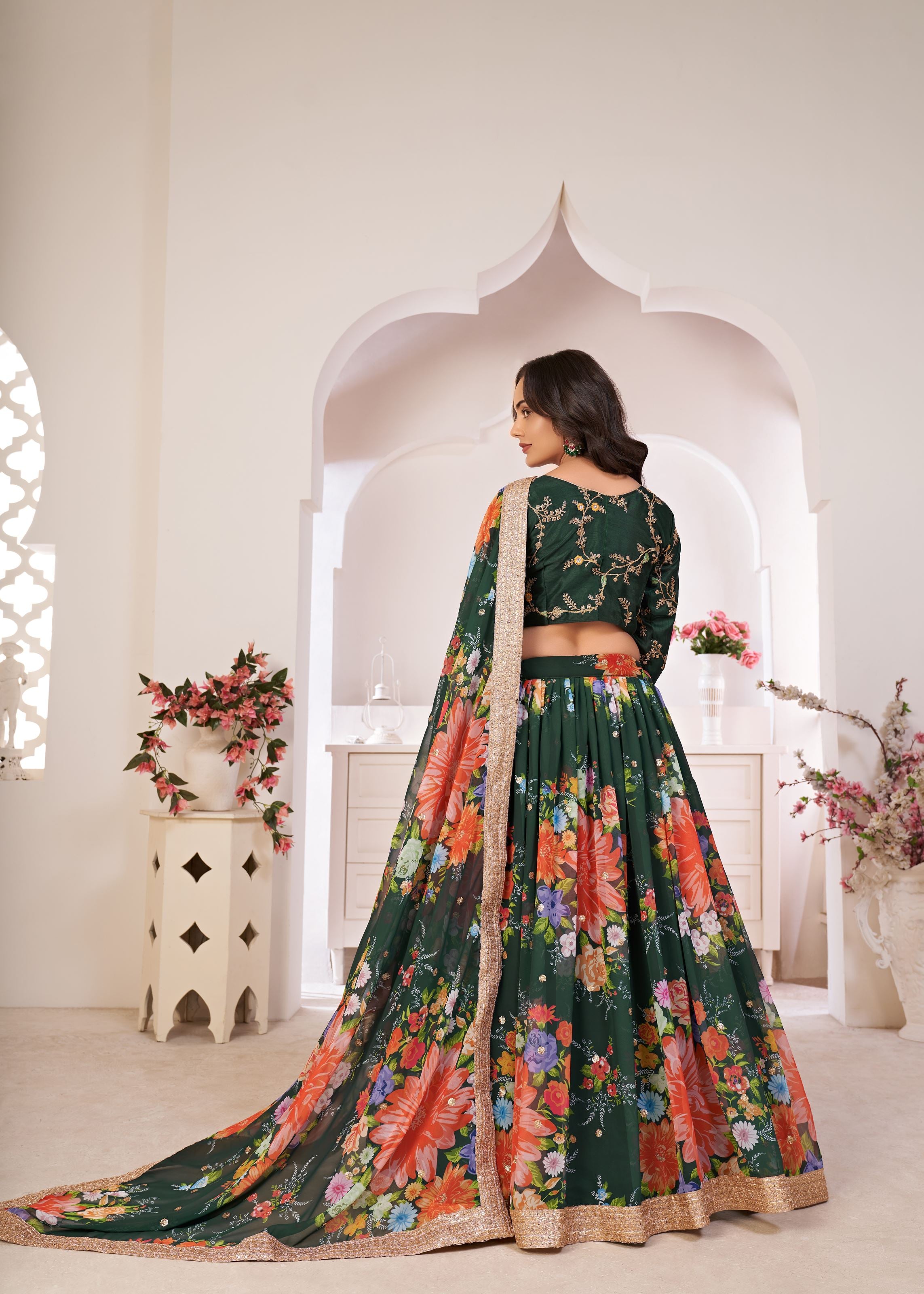 Green Lehenga Choli With Digital Floral Print And Embroidered Work With Jari Sequins Dori Work