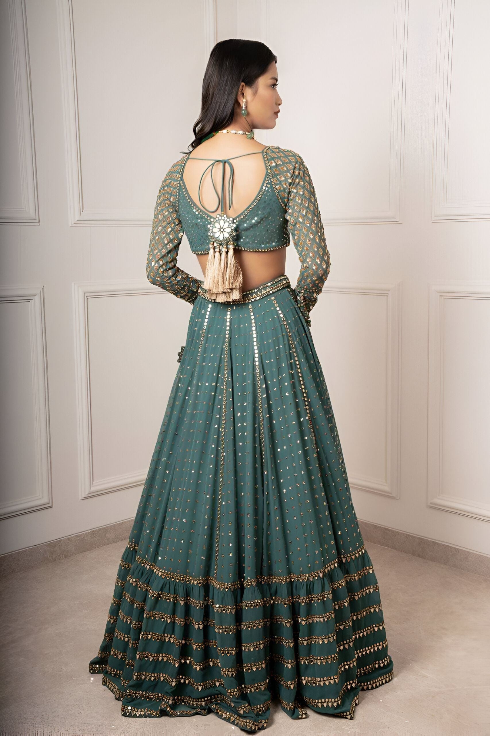 Green Lehenga Choli With Sequence With Thread And Jari Embroidery Work