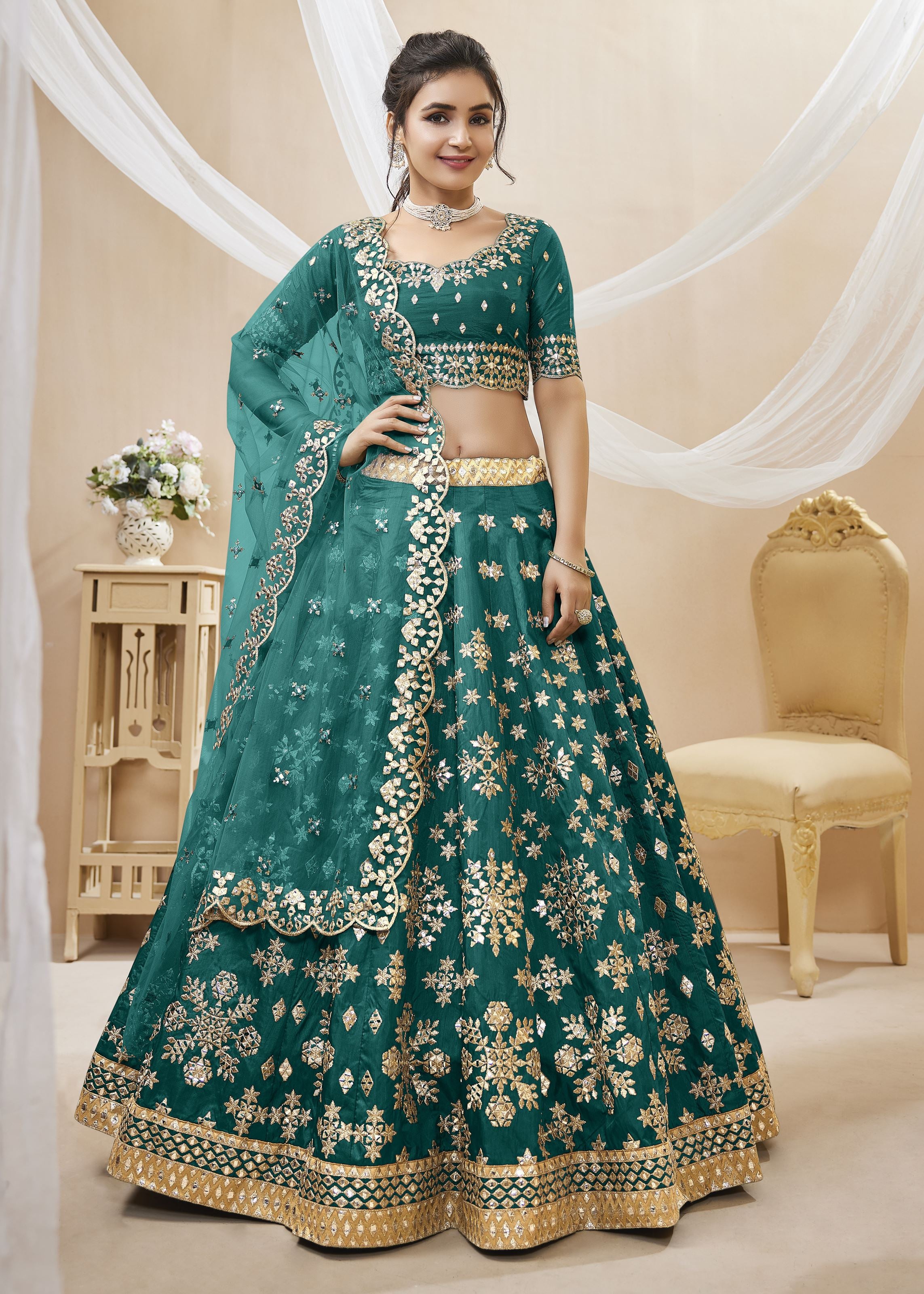 Green Lehenga Choli With Sequins, Foil & Zari Embroidered Work