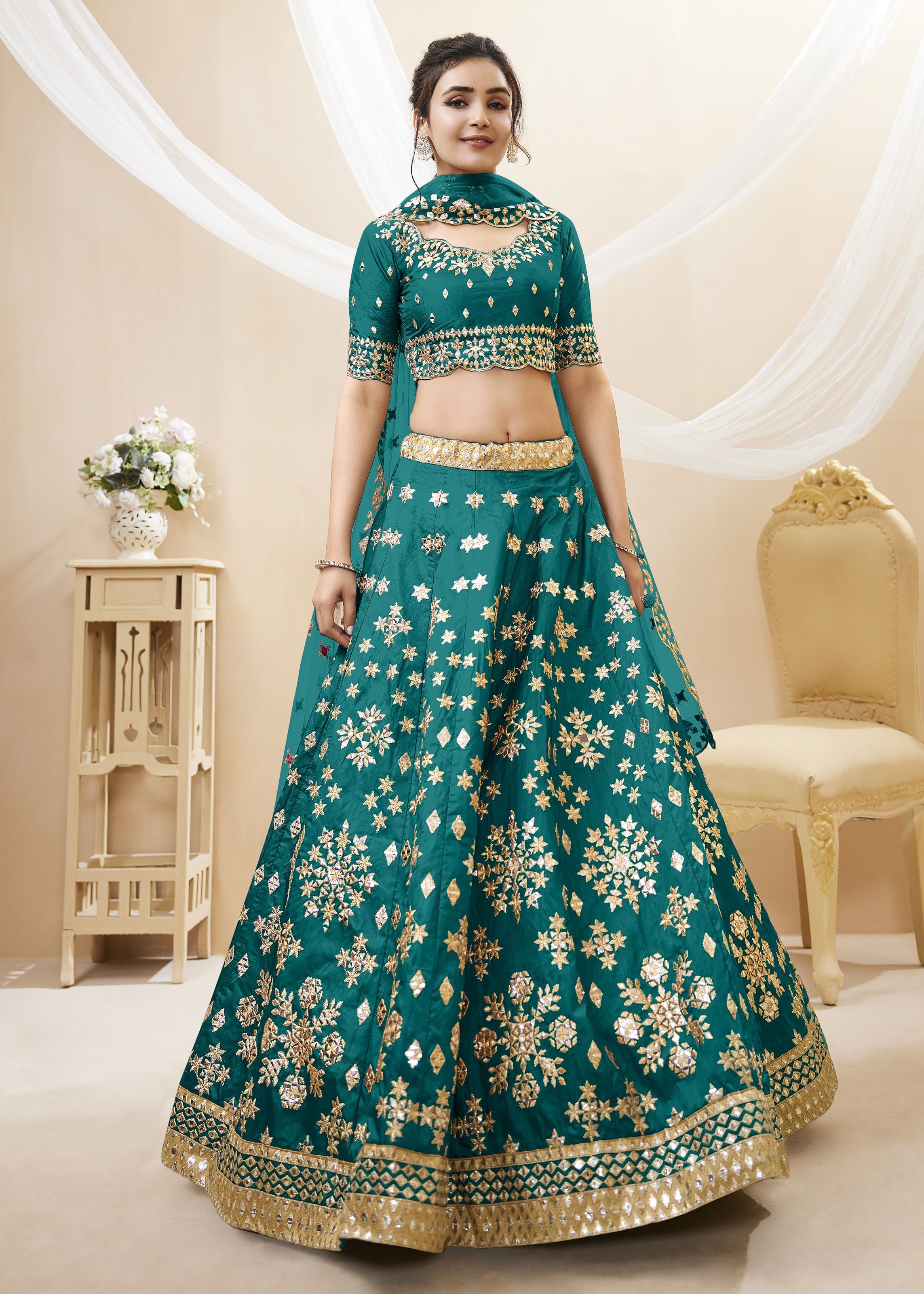 Green Lehenga Choli With Sequins, Foil & Zari Embroidered Work