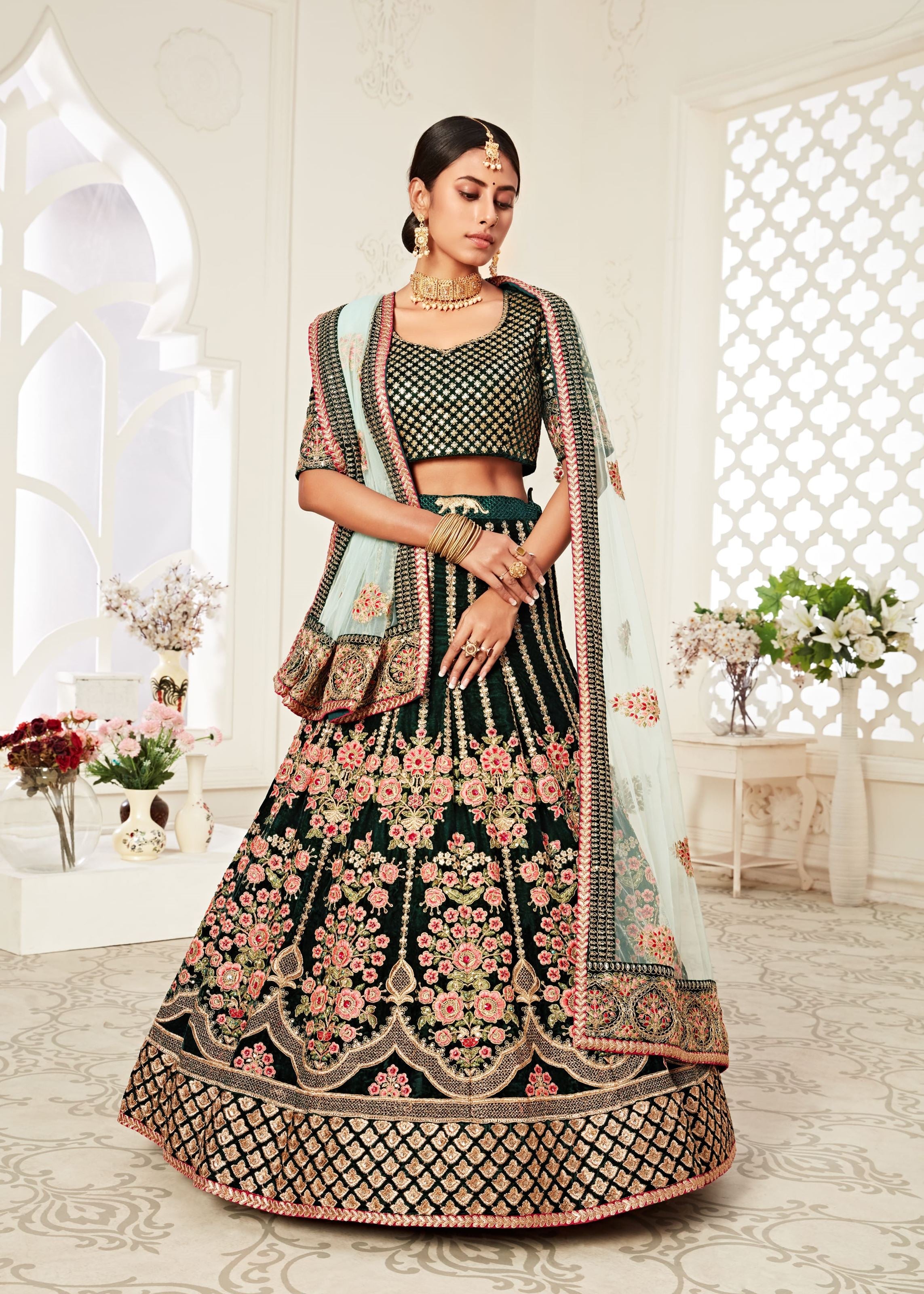 Green Lehenga Choli With Thread, Dori, Zari And Sequins Embroidery With Diamond Work