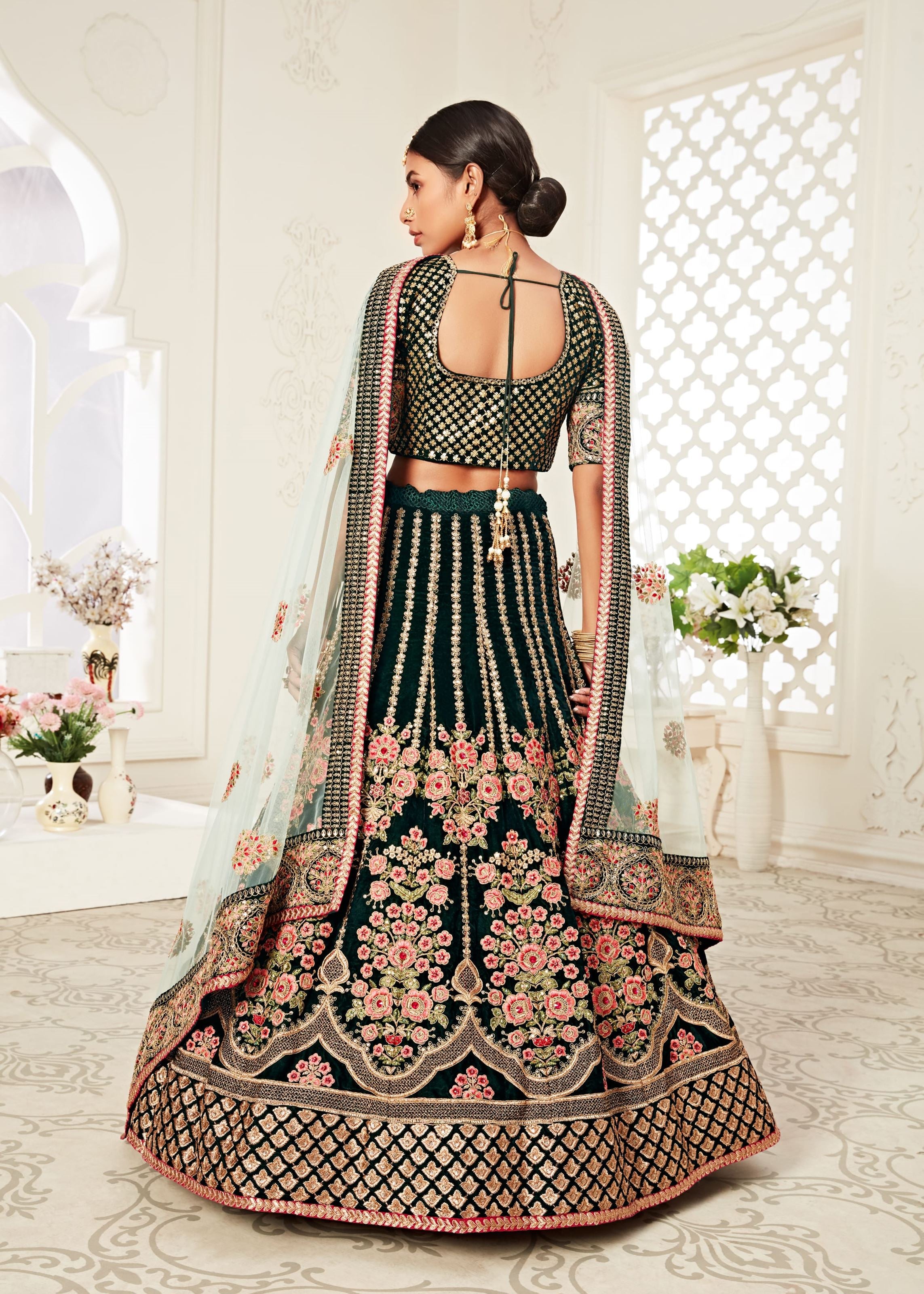Green Lehenga Choli With Thread, Dori, Zari And Sequins Embroidery With Diamond Work