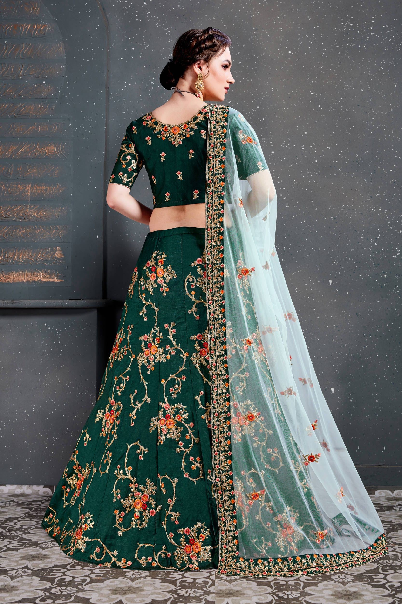 Green Lehenga Choli With Thread, Dori, Zari Embroidery With Diamond Work
