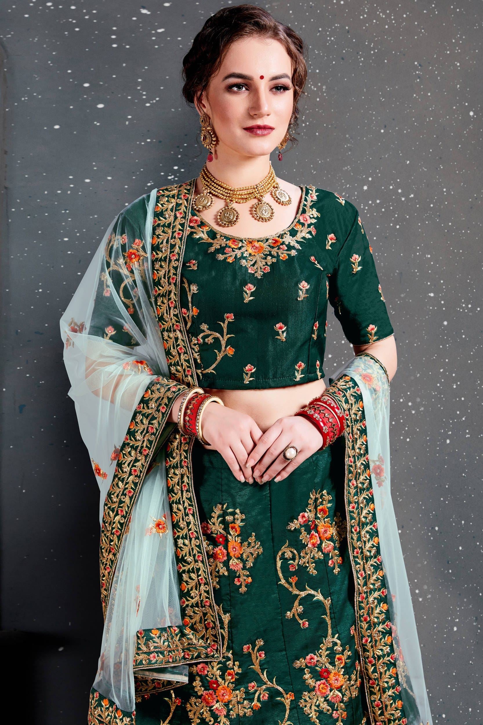 Green Lehenga Choli With Thread, Dori, Zari Embroidery With Diamond Work