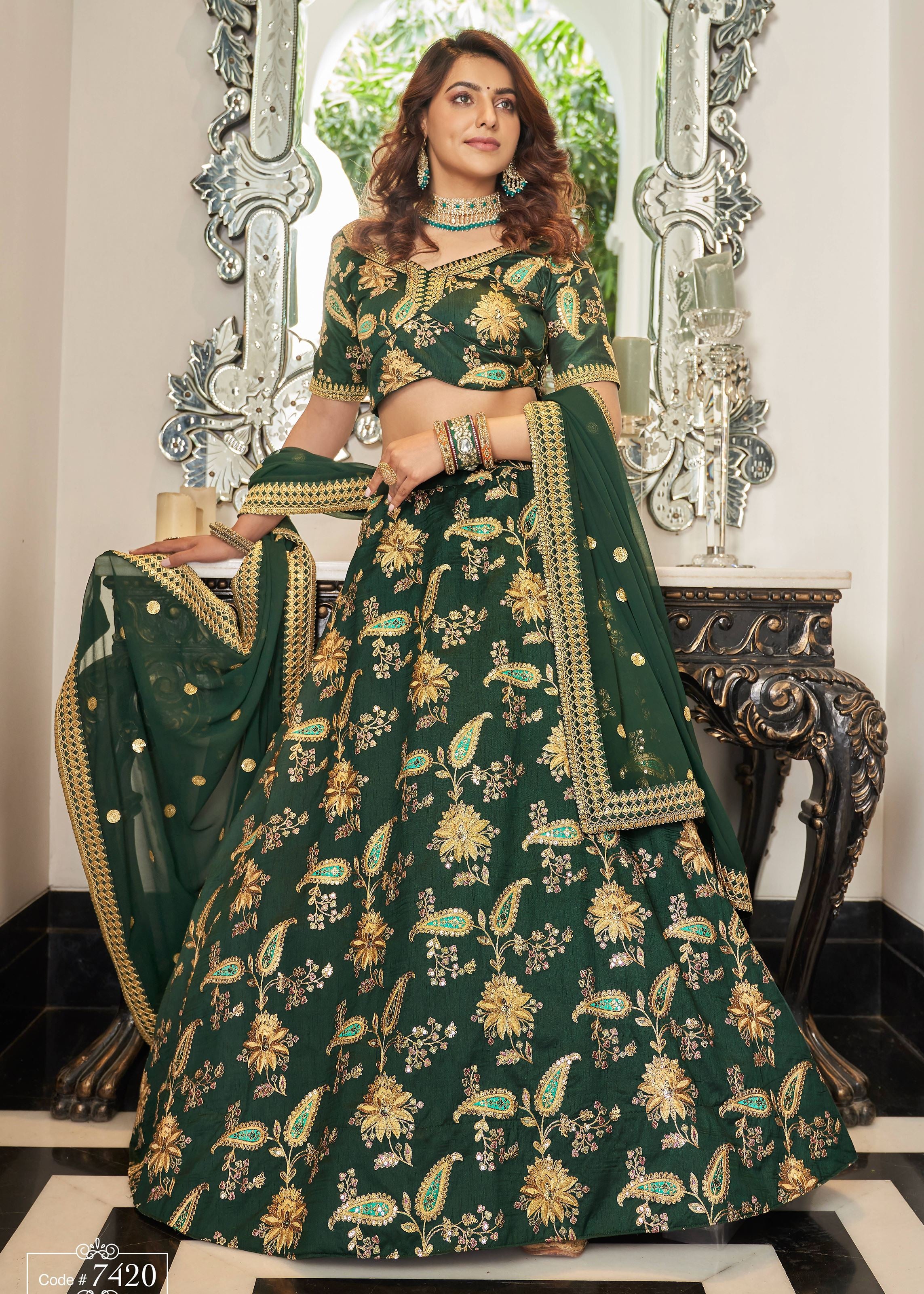 Green Lehenga Choli With Thread, Zari, Dori And Sequins Embroidery Work