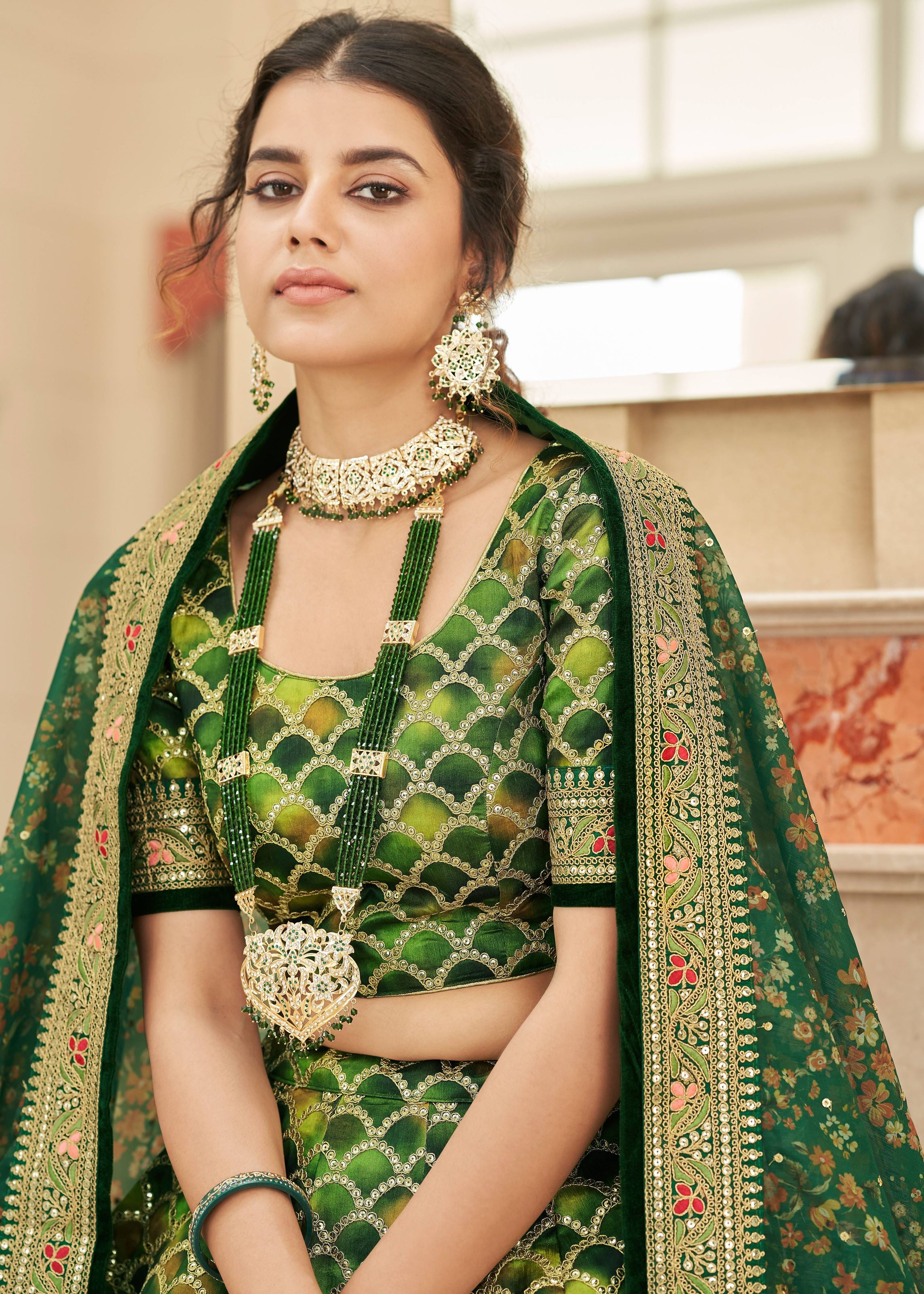 Green Lehenga Choli With Thread, Zari, Dori And Sequins Embroidery Work
