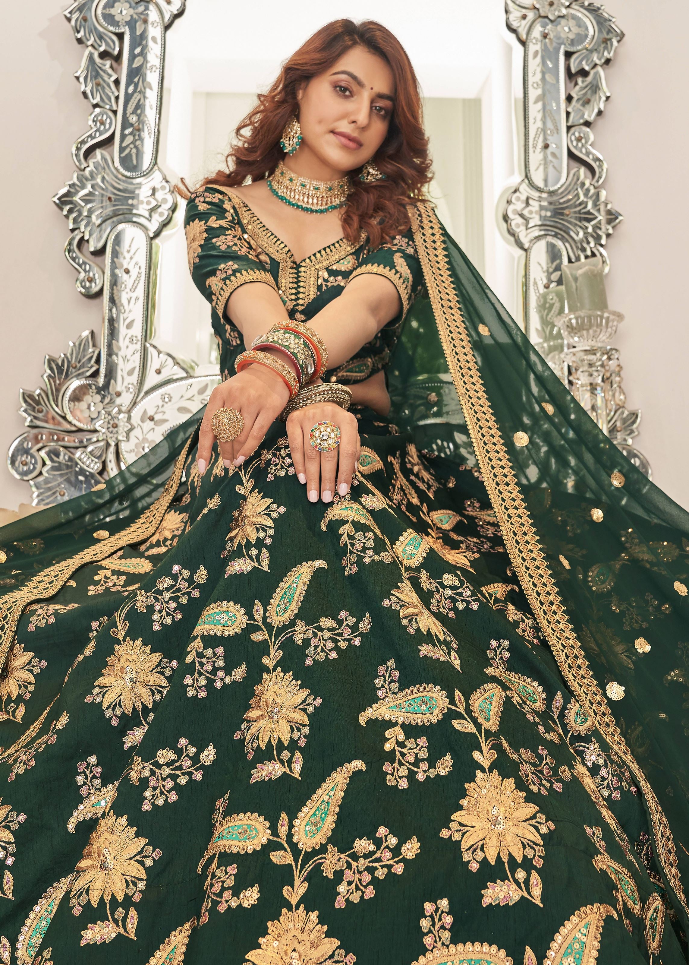 Green Lehenga Choli With Thread, Zari, Dori And Sequins Embroidery Work