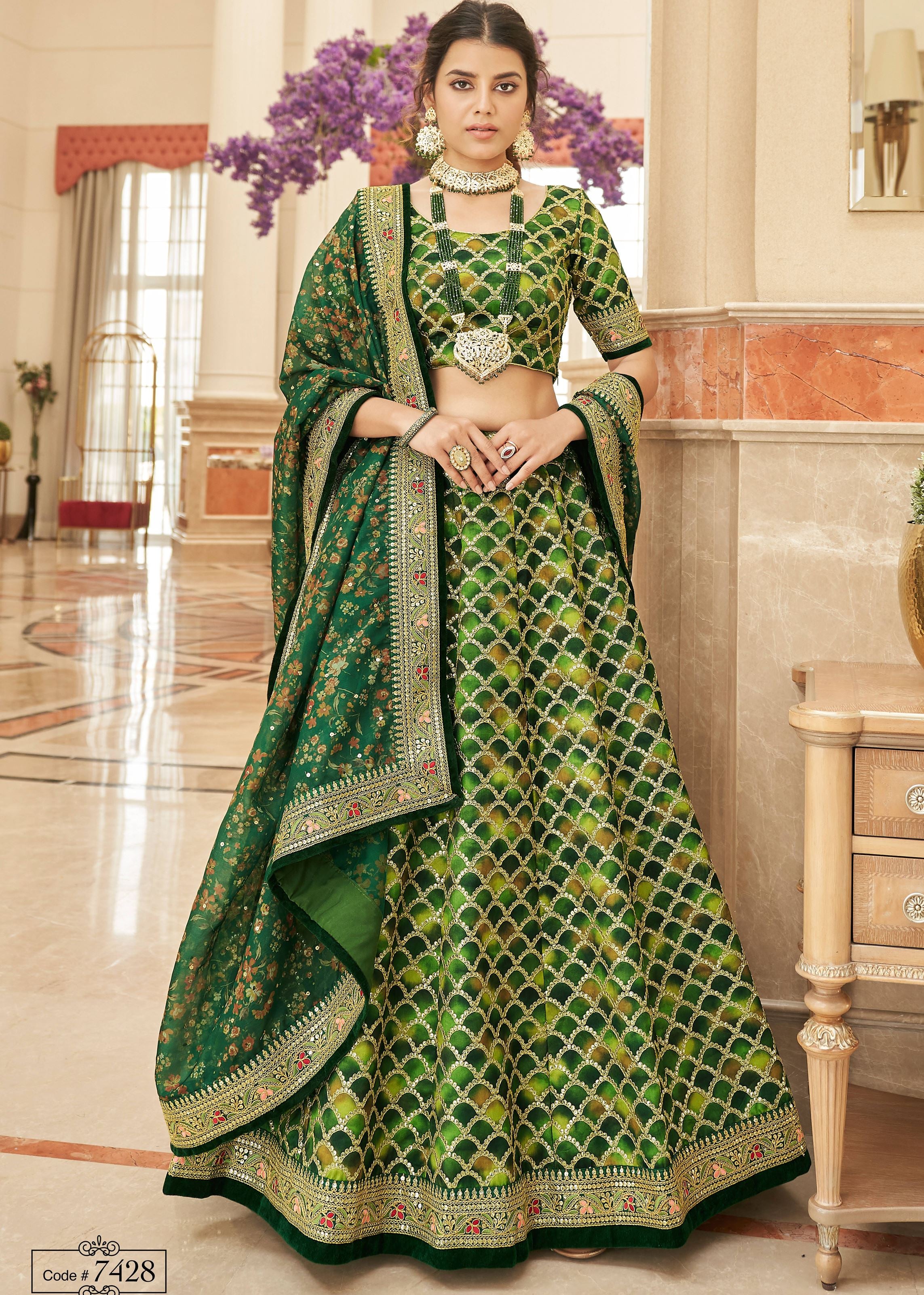 Green Lehenga Choli With Thread, Zari, Dori And Sequins Embroidery Work