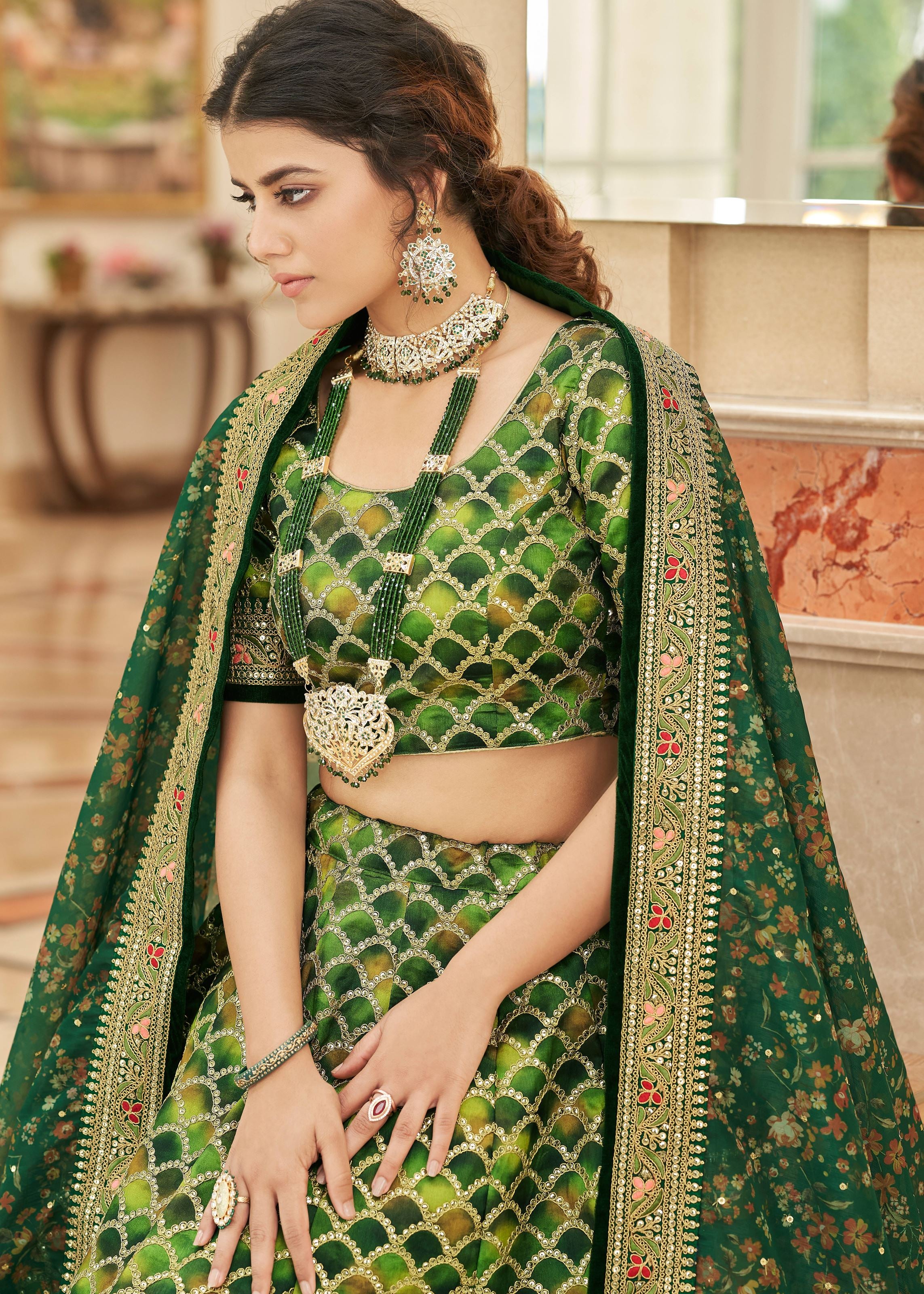 Green Lehenga Choli With Thread, Zari, Dori And Sequins Embroidery Work