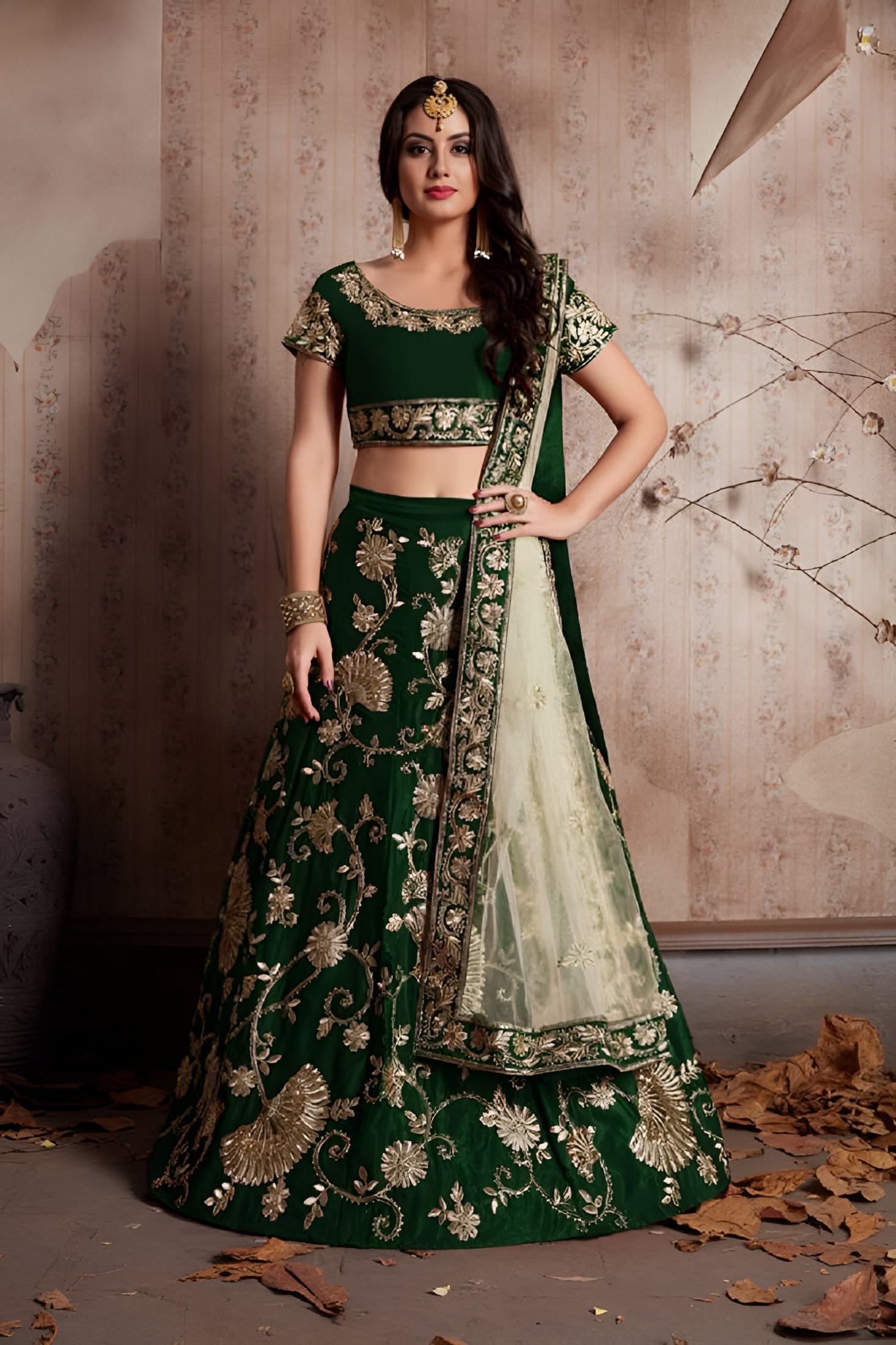 Green Lehenga Choli With Thread and Embroidery Work