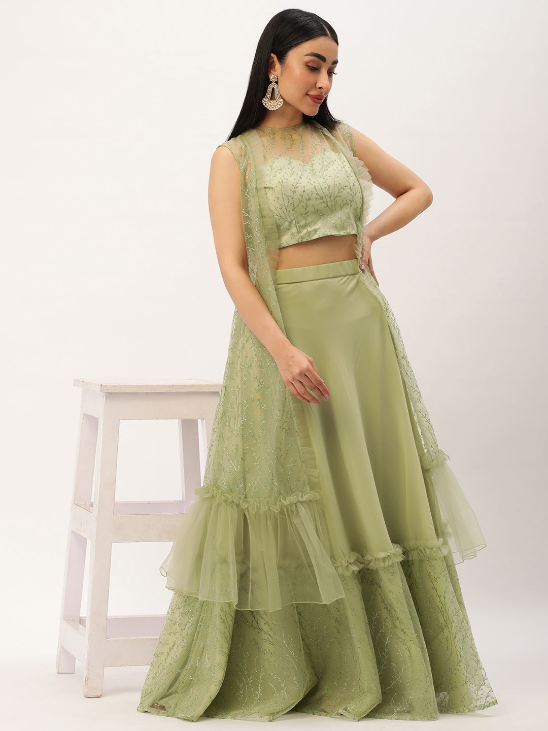 Green Lehenga Choli with Heavy Thread Embroidery Work