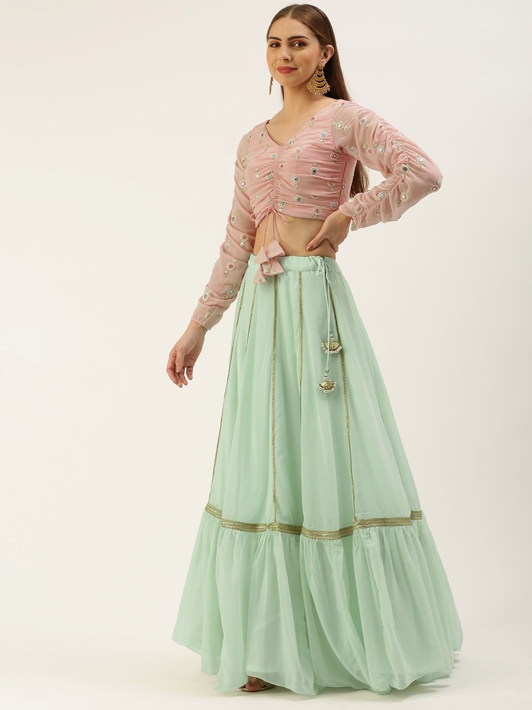 Green Lehenga Choli with Thread Embroidery With Mirror Work