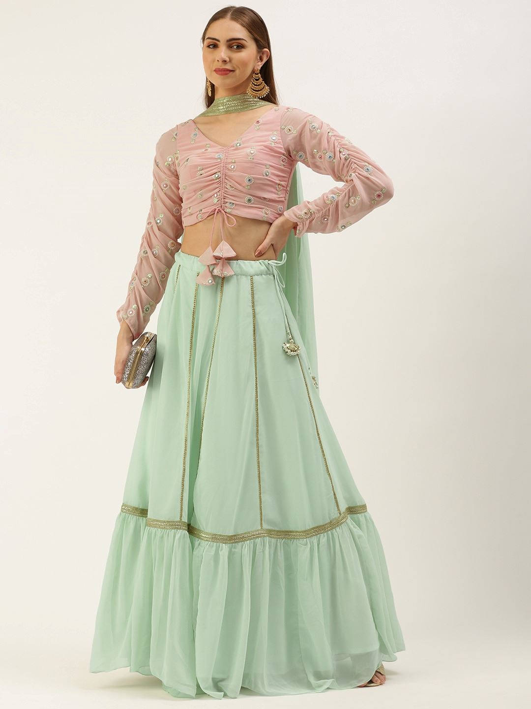 Green Lehenga Choli with Thread Embroidery With Mirror Work