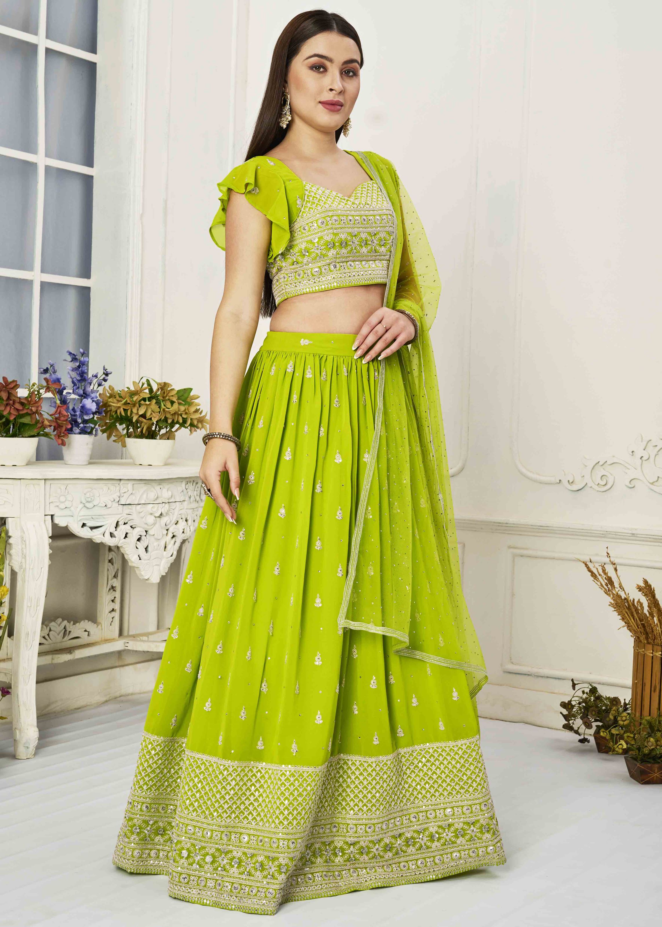 Green Lehenga Choli with Thread and Coading Embroidery With Sequins Work