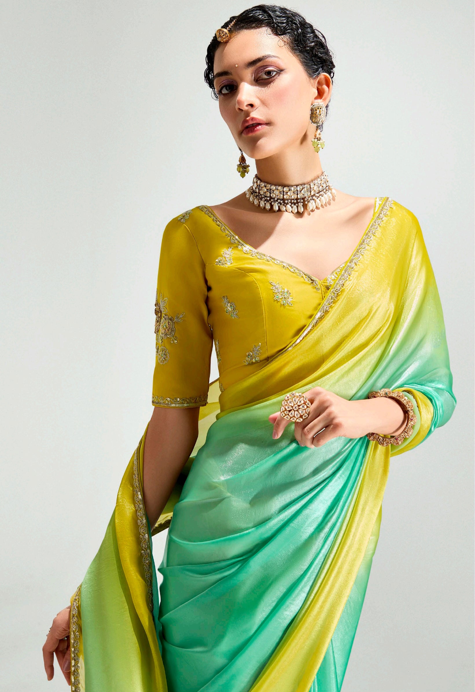 Green Lemon Organza Saree with Embroidered Blouse