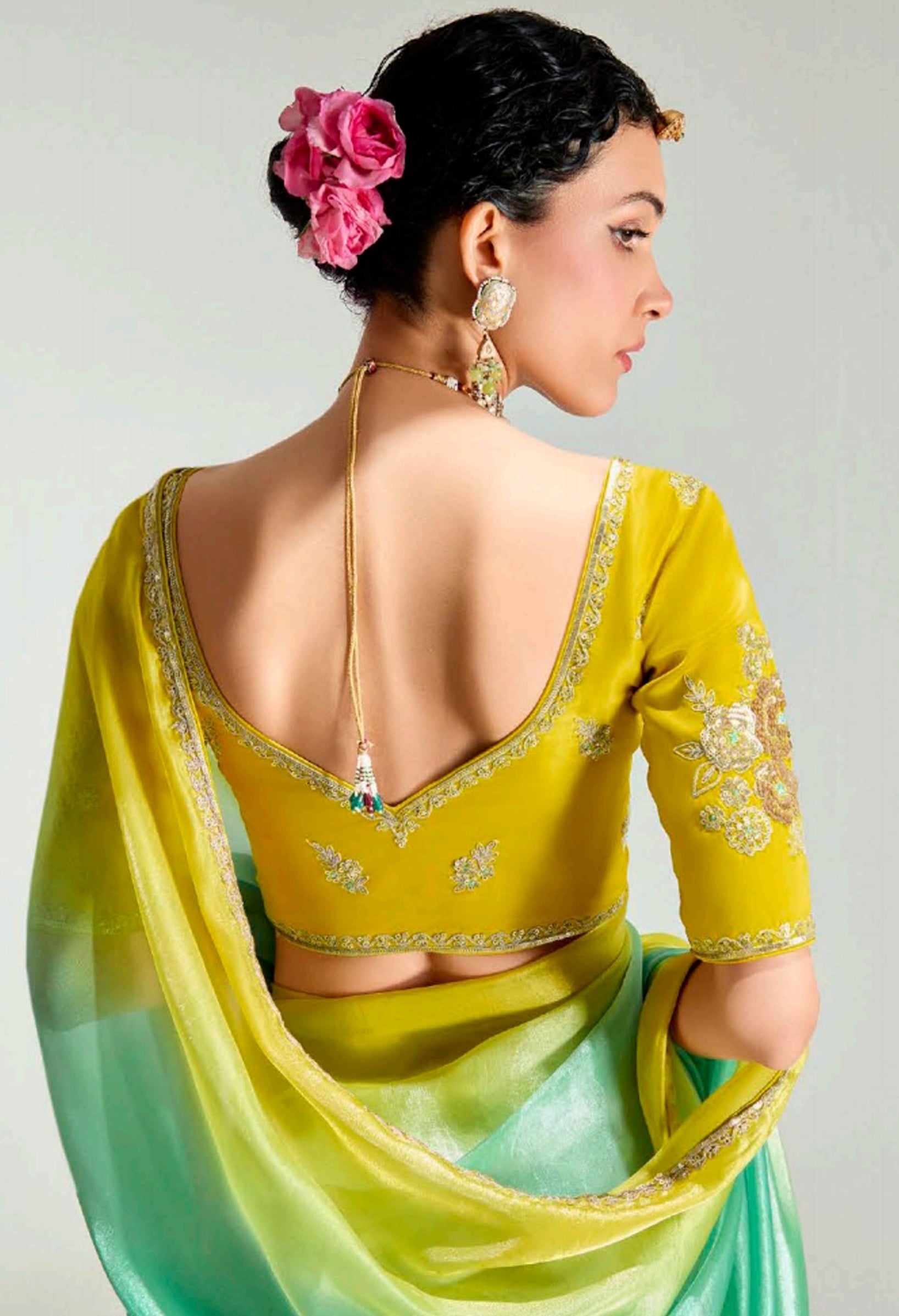 Green Lemon Organza Saree with Embroidered Blouse